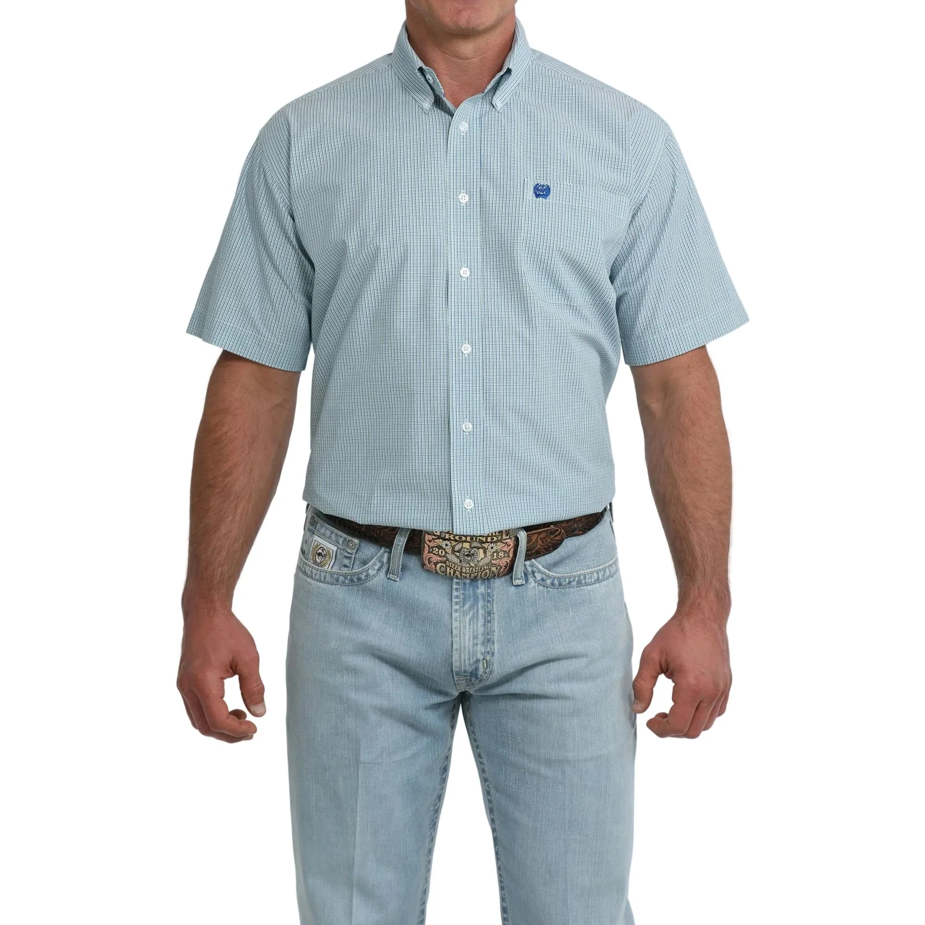 Men's Cinch Short Sleeve Classic Fit Blue Printed Button Up Shirt MTW1111531