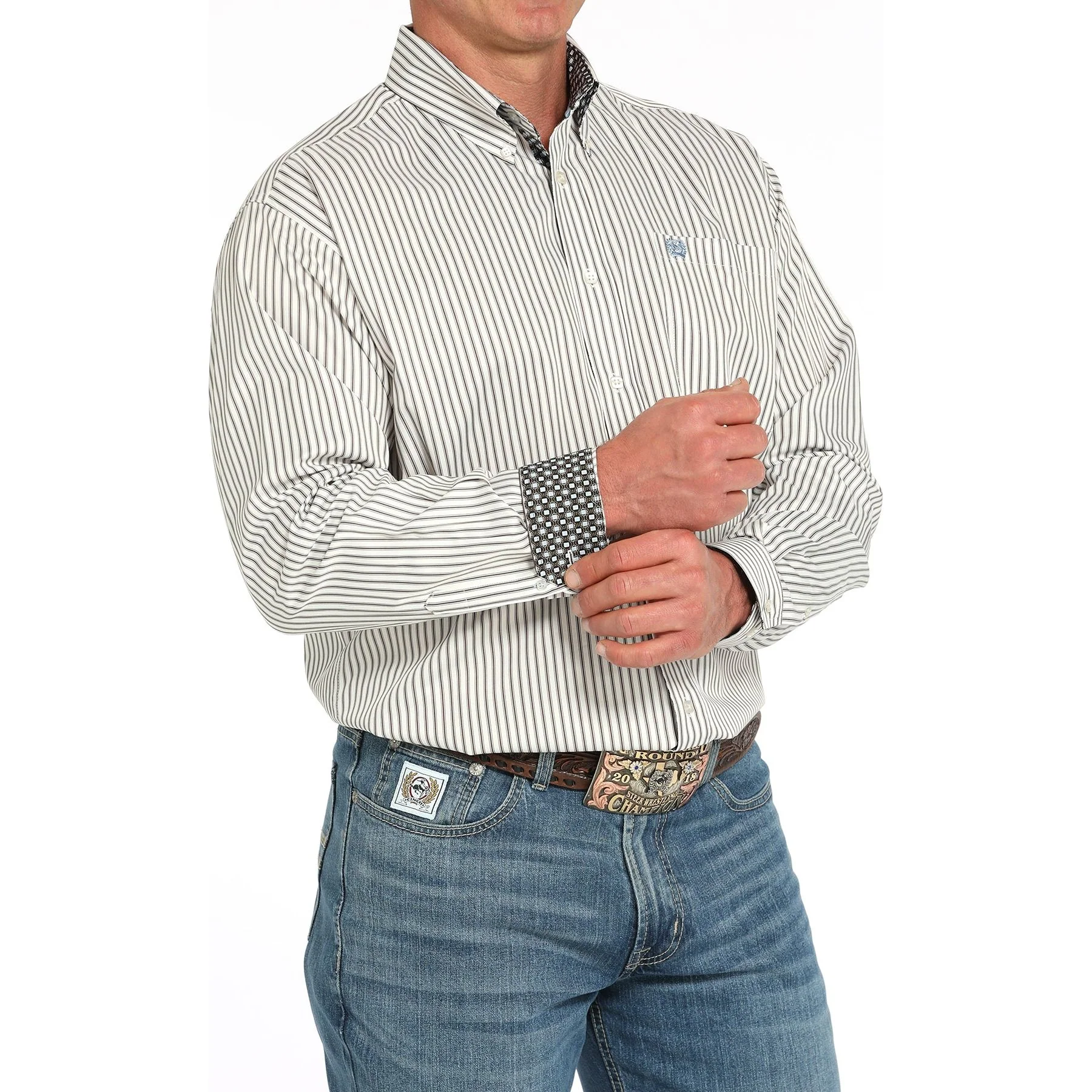 Men's Cinch Striped Print Long Sleeve Button-down Shirt MTW1105952-CRE