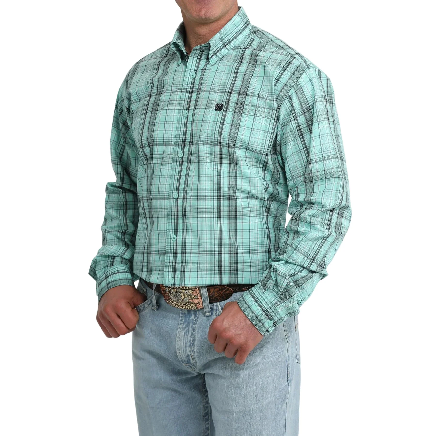 Men's Cinch Teal Plaid Long Sleeve Classic Fit Button Down Shirt MTW1106115 - Image 2