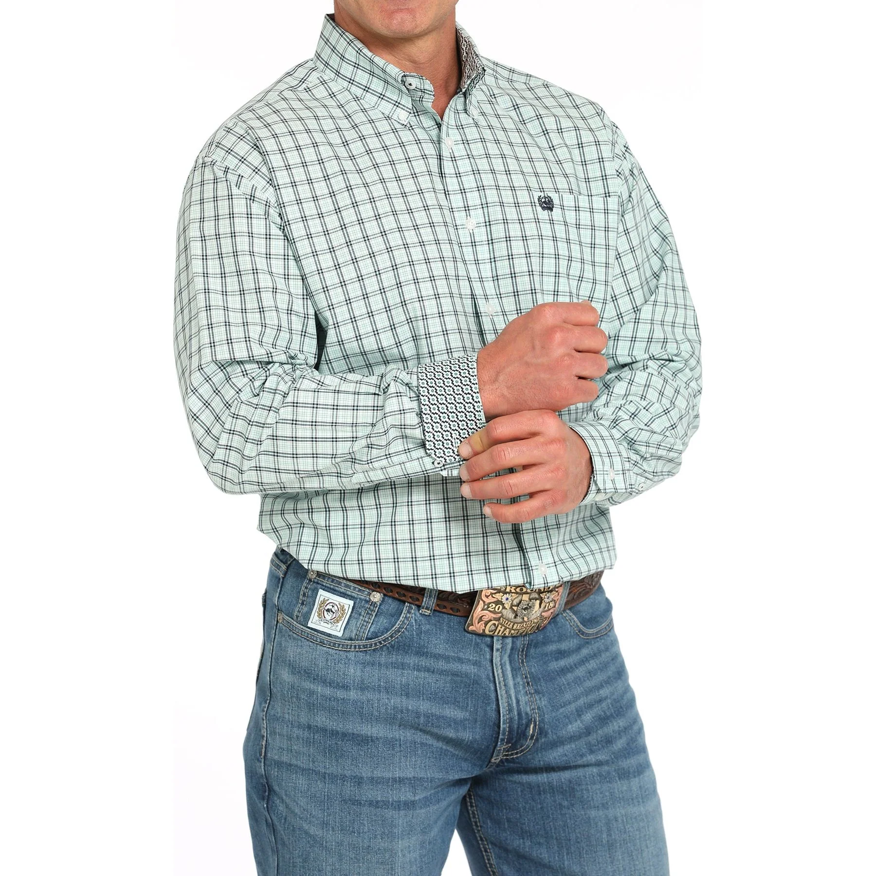 Men's Cinch Turquoise and Black Plaid Classic Fit Button Up Shirt MTW1105931 - Image 2