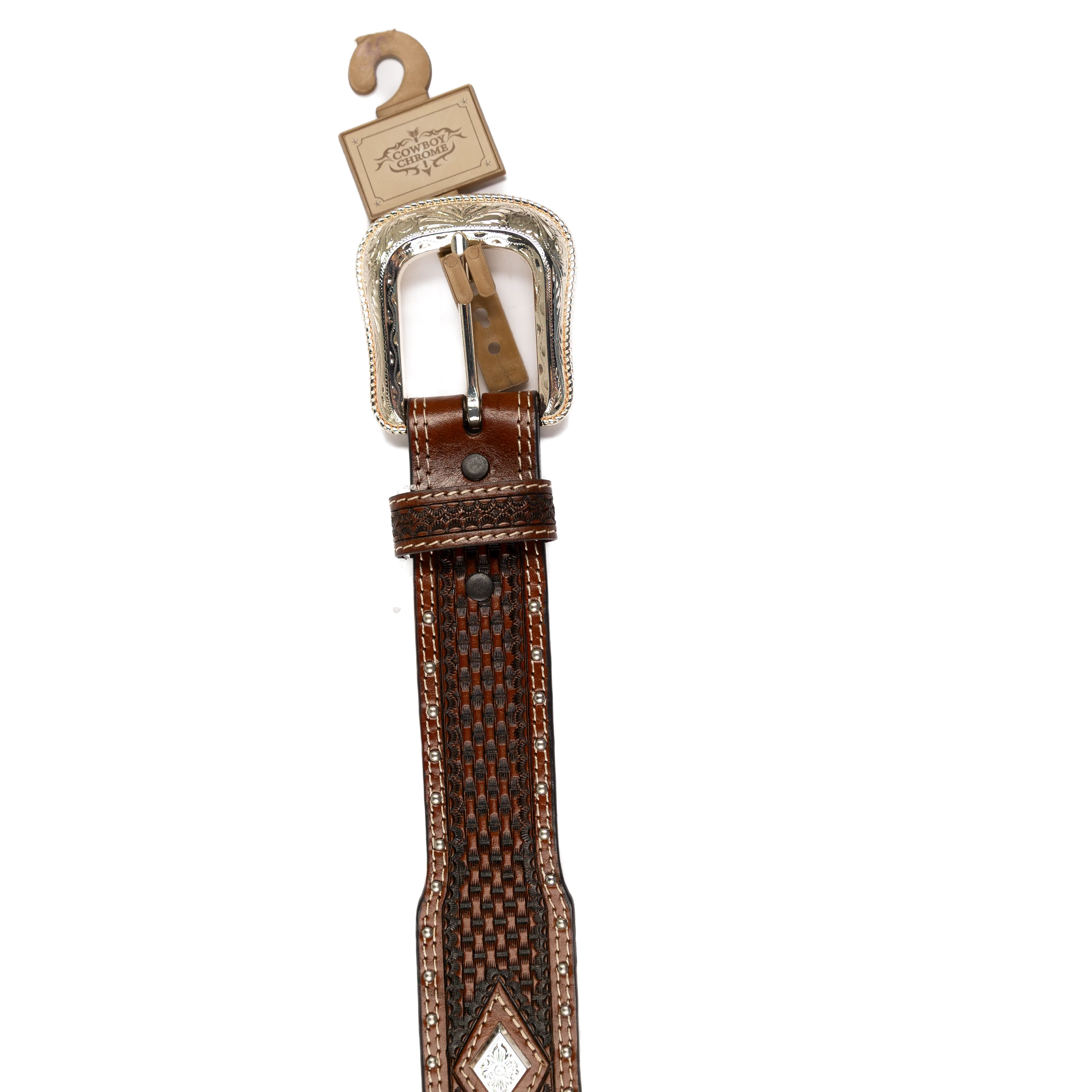 Men's Cowboy Chrome Brown Leather Belt with Silver Diamond Conchos 1615 - Image 2