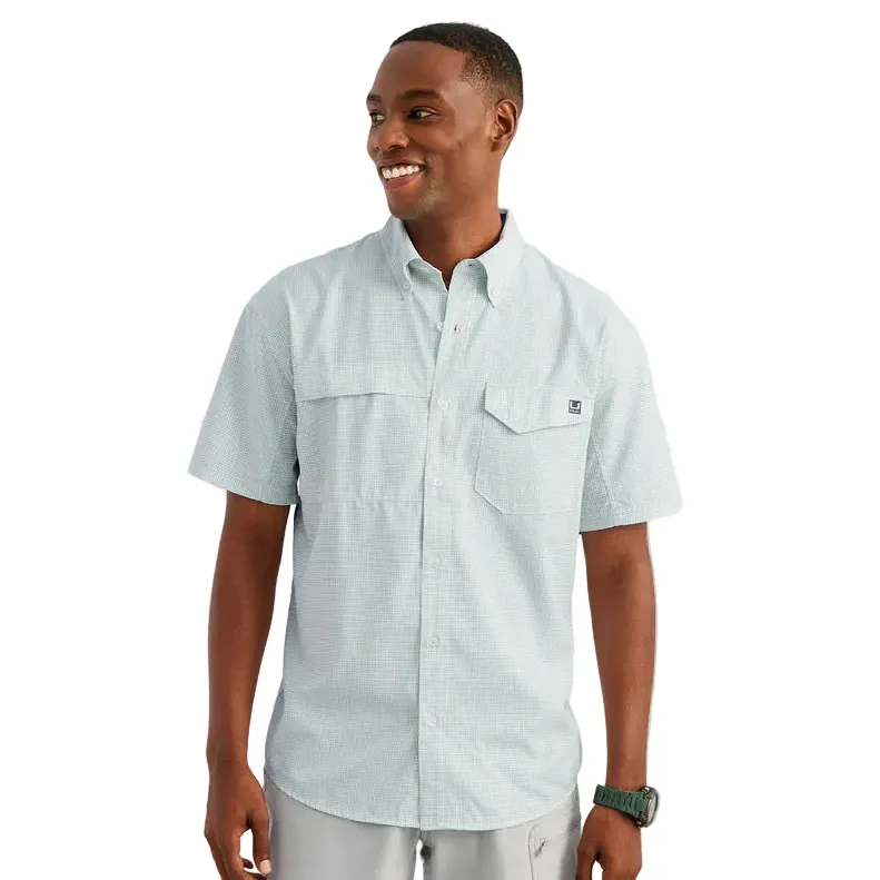 Men's Huk Heron Blue Mini Check Tide Point Short Sleeve Button-Down H1500220-395 - Image 3