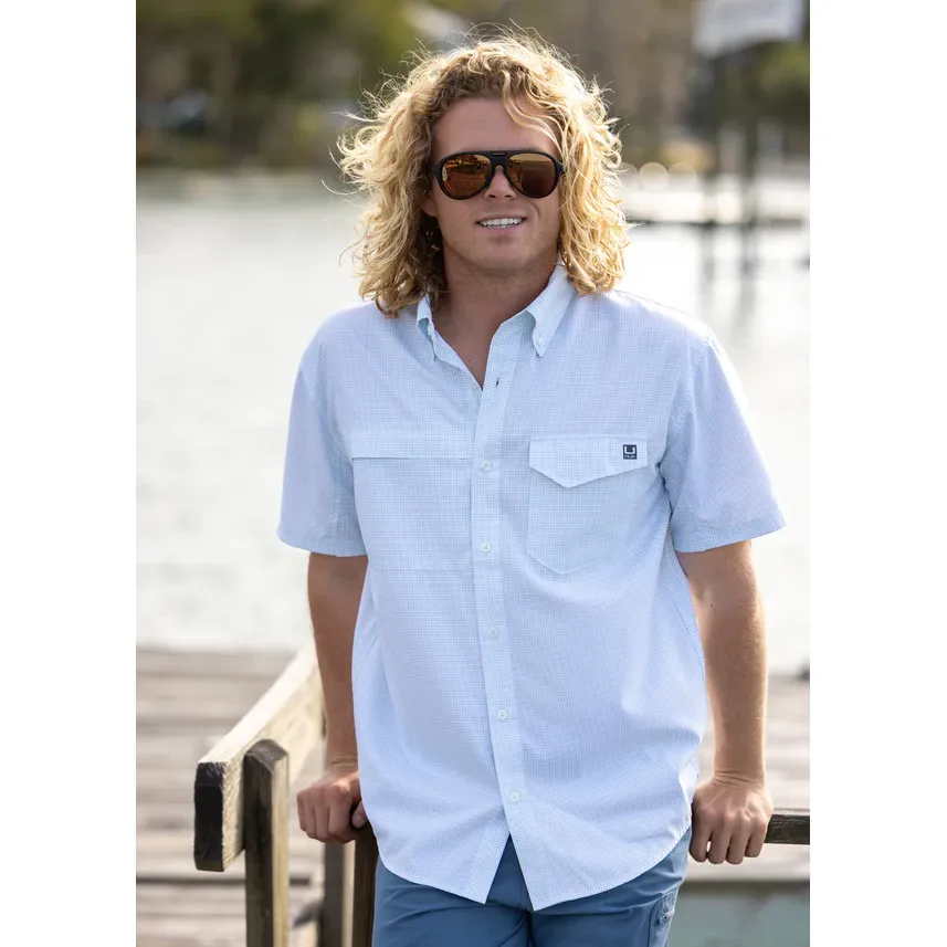 Men's Huk Heron Blue Mini Check Tide Point Short Sleeve Button-Down H1500220-395 - Image 9