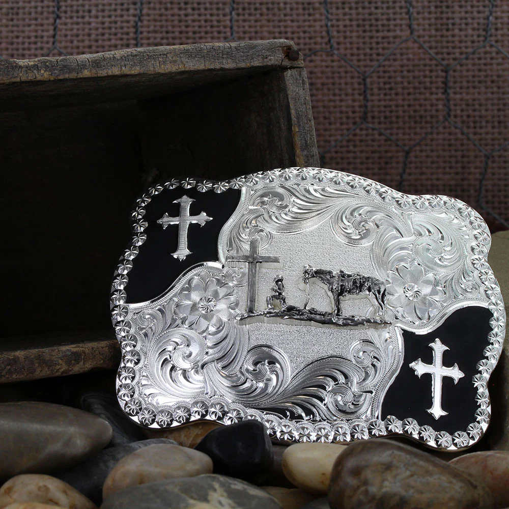 Men's Montana Silversmiths Christian Flourish Scallop Shape Belt Buckle With Christian Cowboy 3611-731M - Image 3