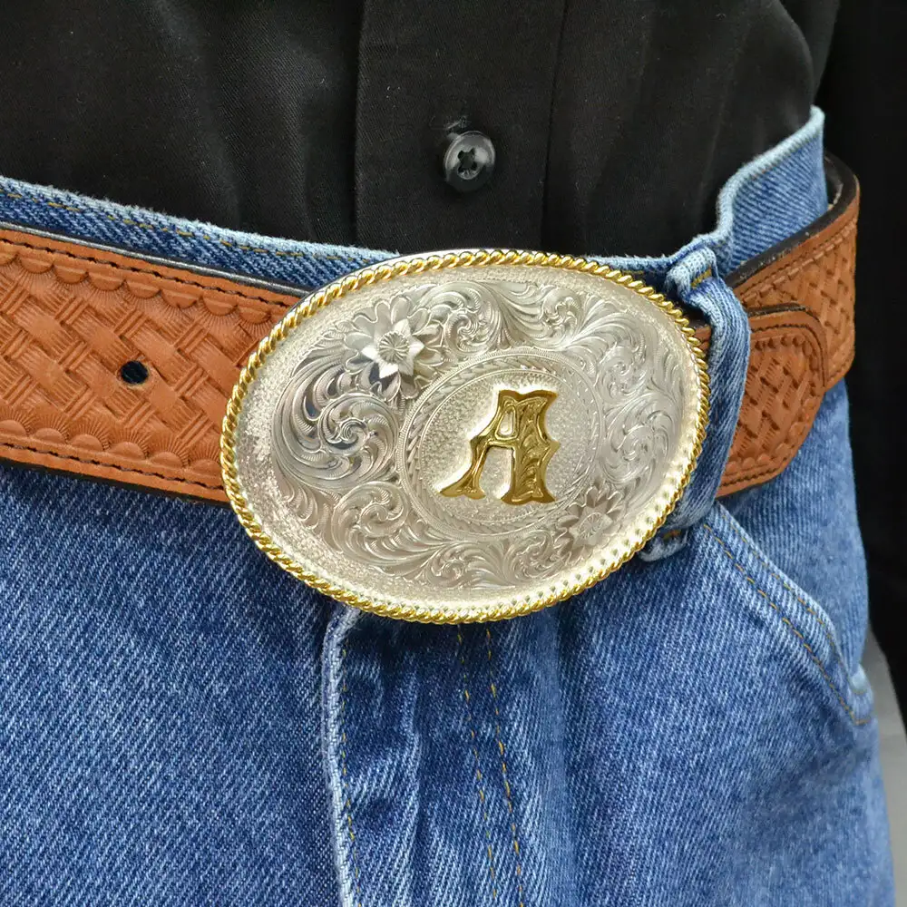 Men's Montana Silversmiths Initial A Silver Engraved Gold Trim Western Buckle 700A - Image 3