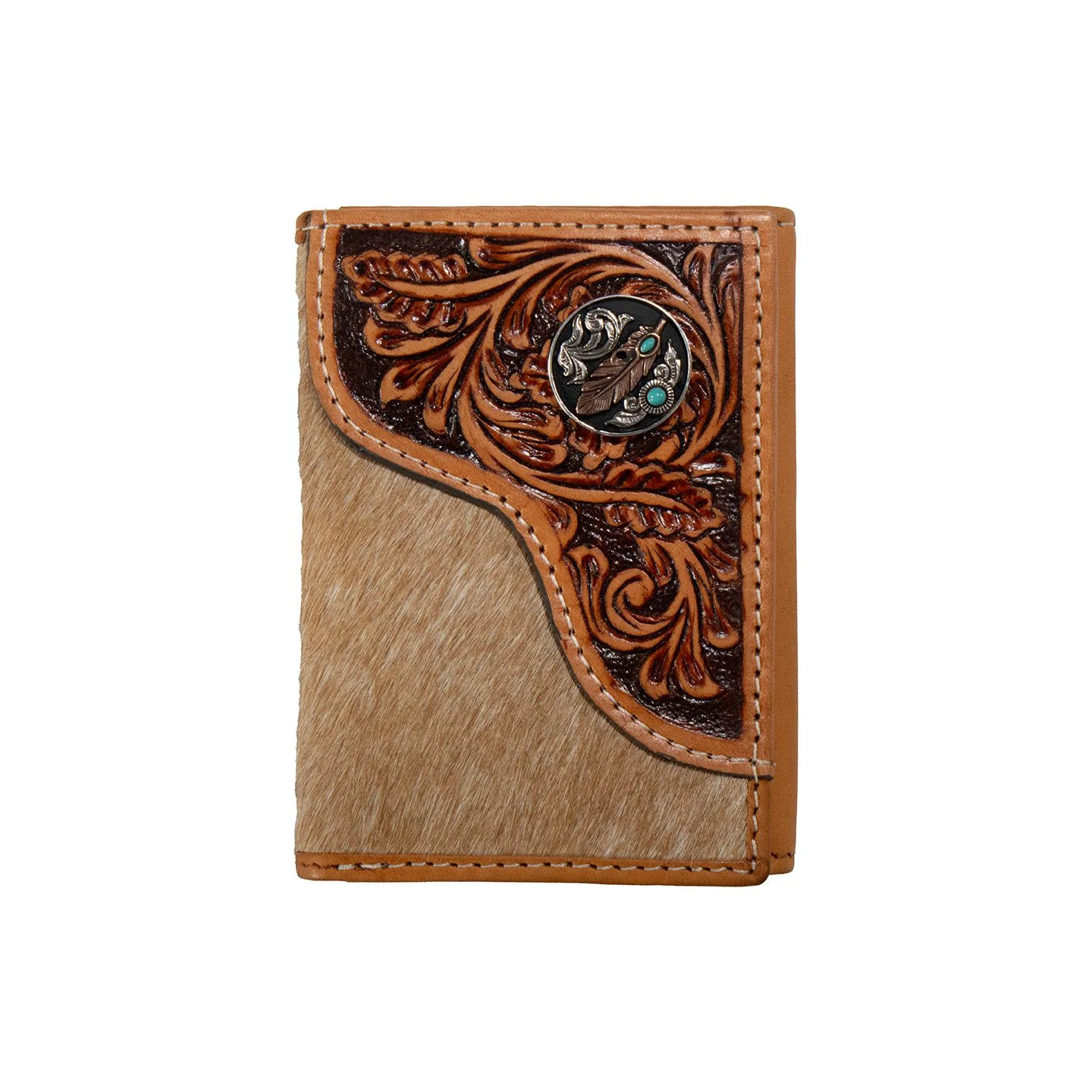 Men's Nocona Tan Trifold Calf Hair and Tooled Leather Overlay Wallet N500048908