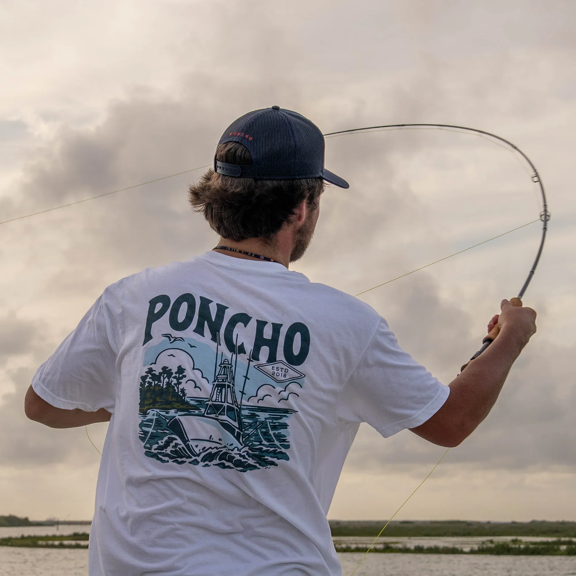 Men's Poncho Short Sleeve White "The Sport Fisher" T-shirt - Image 3