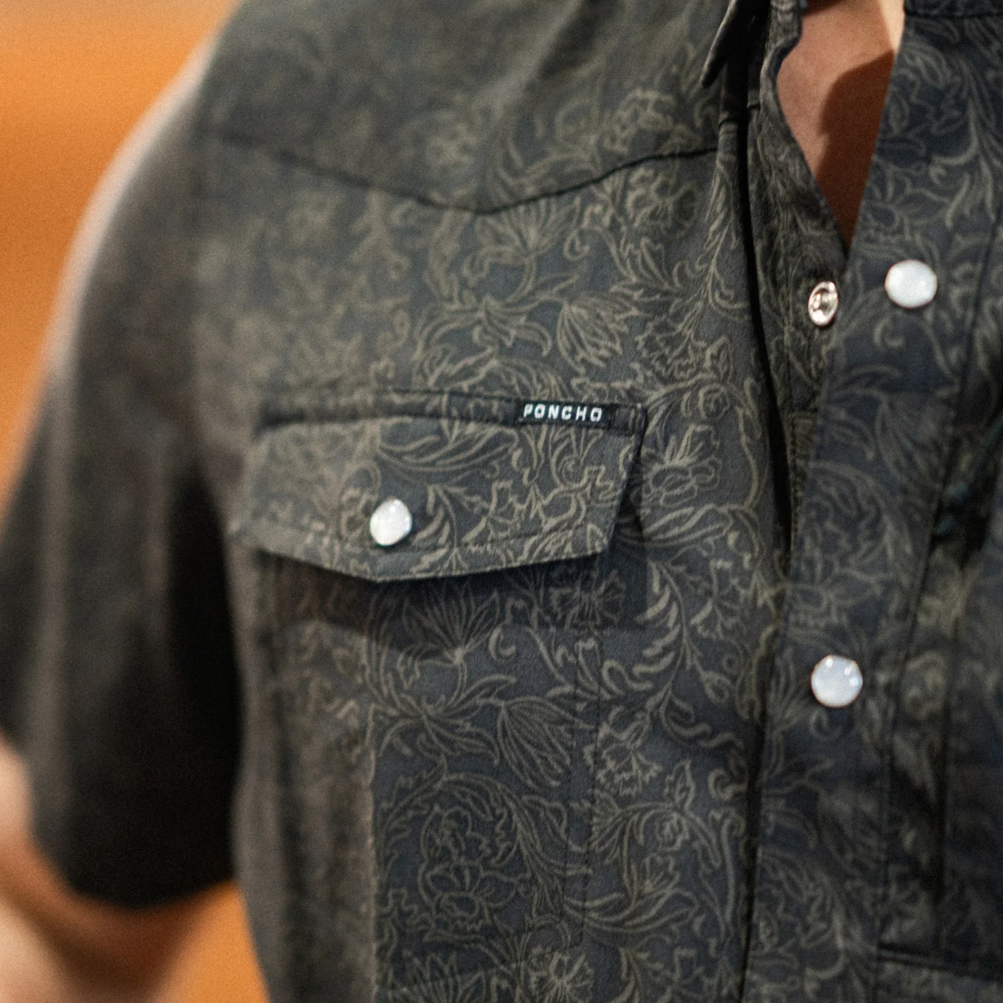 Men's Poncho "The John Coffee" Black Floral Print Short Sleeve Regular Fit Snap Shirt - Image 9