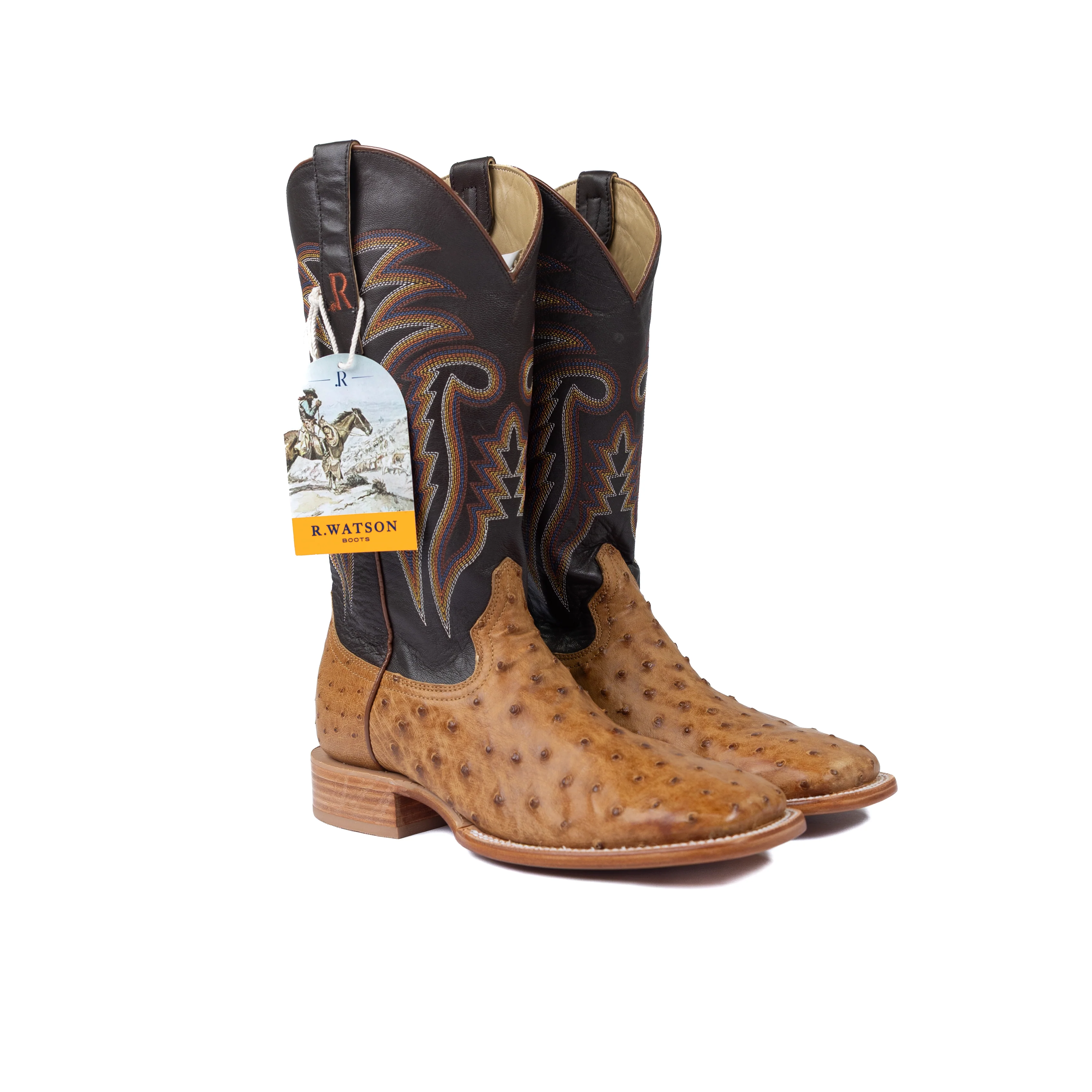 Men's R. Watson Antique Saddle Bruciato Full Quill Ostrich Wide Square Toe Boots RW4603-2 - Image 2