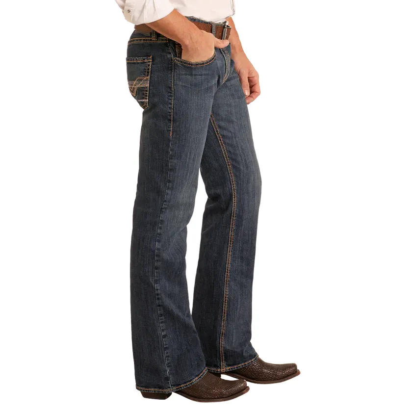 Men's Rock and Roll Denim Regular Fit Dark Wash Ladder Stitch Bootcut Jeans BM0PD05566 - Image 3