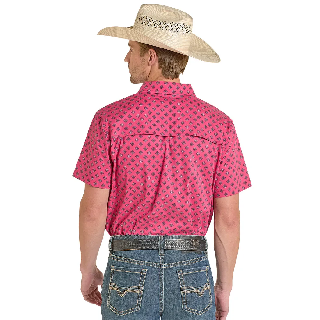 Men's Rock and Roll Pink Tek Western Aztec Print Short Sleeve Shirt BMB3S08405 - Image 2