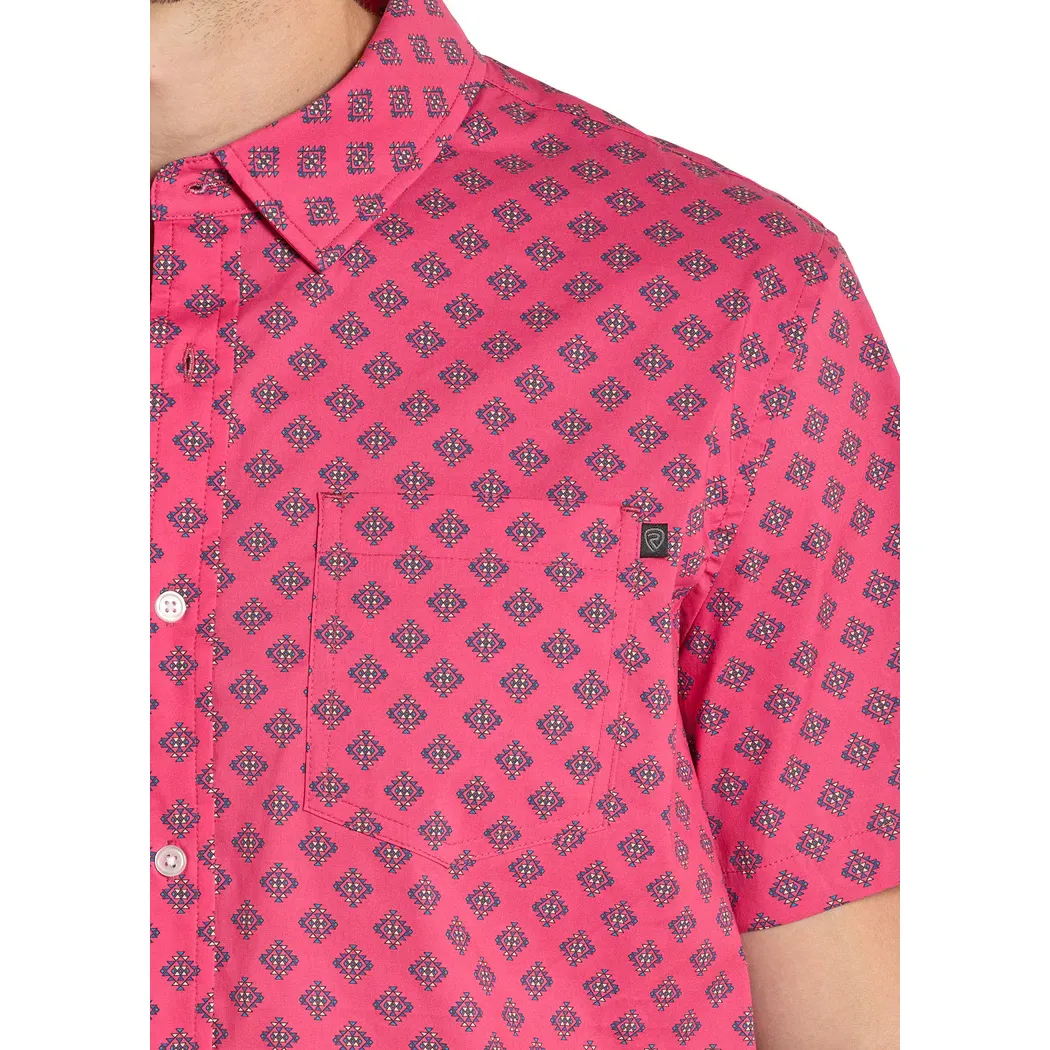 Men's Rock and Roll Pink Tek Western Aztec Print Short Sleeve Shirt BMB3S08405 - Image 3