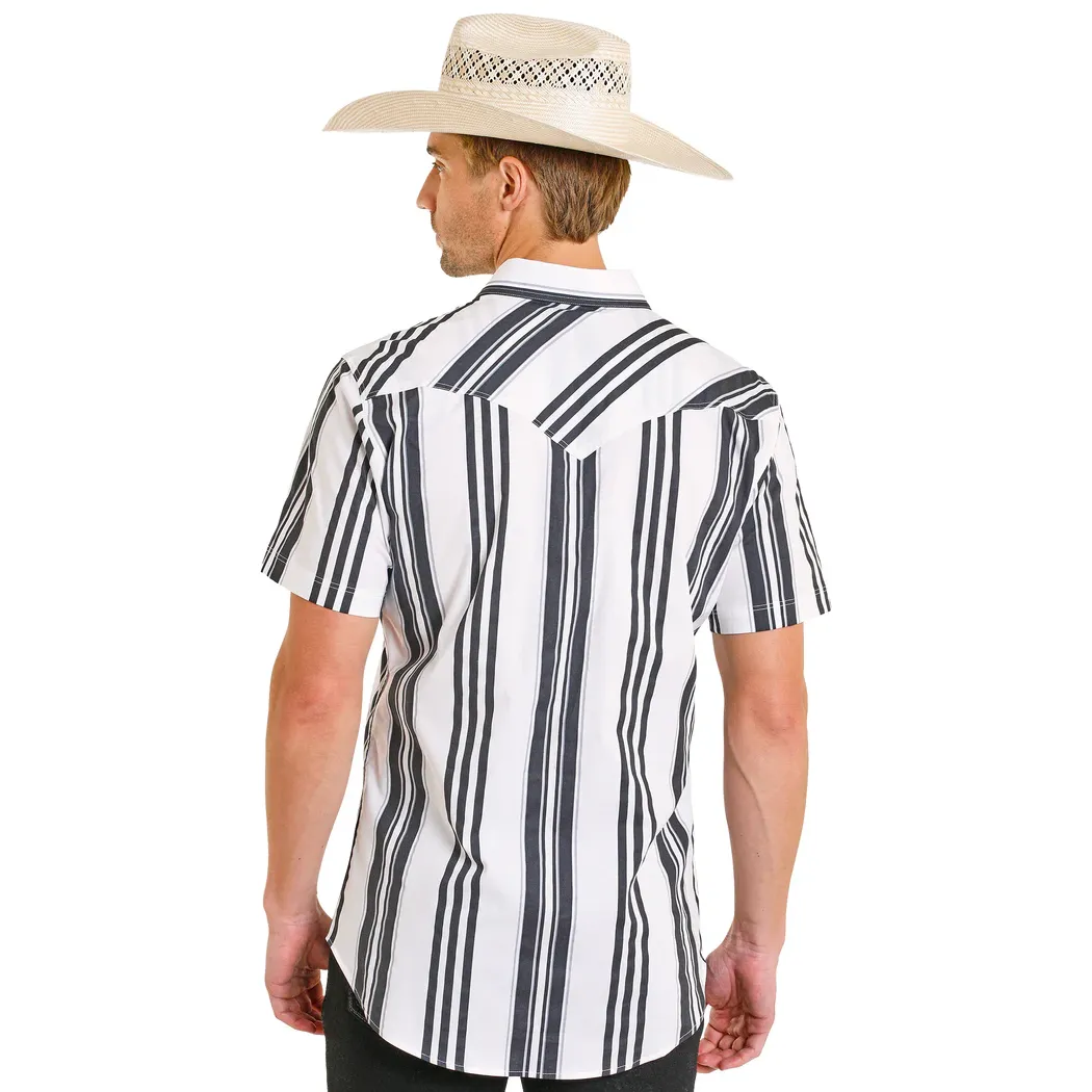 Men's Rock and Roll Slim Fit Black and White Striped Short Sleeve Snap Shirt BMN3S08303 - Image 2