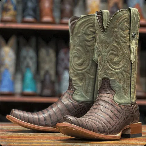 Men's Tanner Mark Caiman Print Brown Square Toe Boots TM201786
