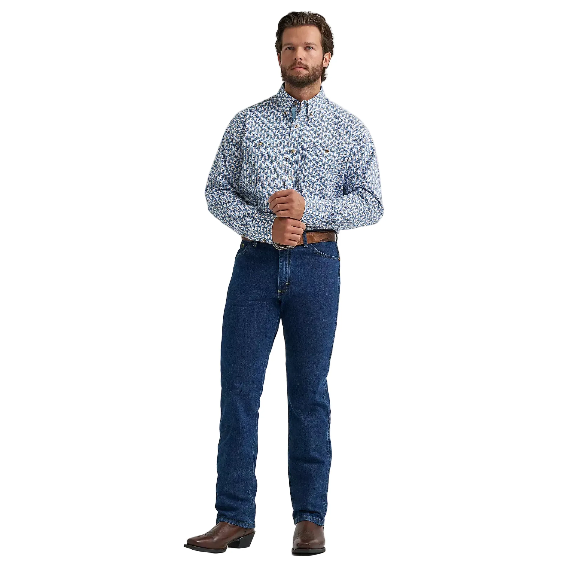 Men's Wrangler® George Strait™ Baby Blue Paisley Long Sleeve Button Down Two Pocket Shirt 112374583 - Image 2