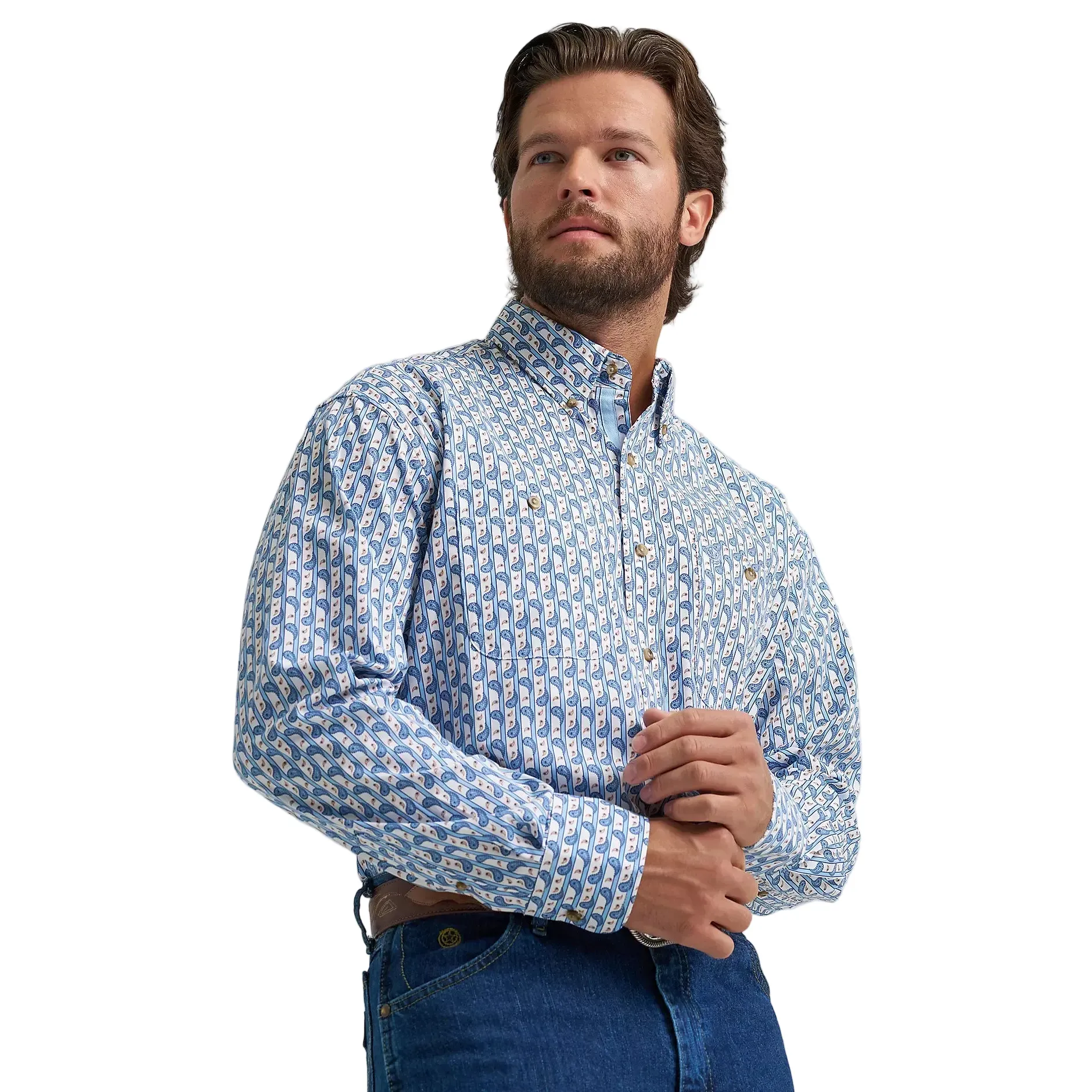 Men's Wrangler® George Strait™ Baby Blue Paisley Long Sleeve Button Down Two Pocket Shirt 112374583 - Image 3
