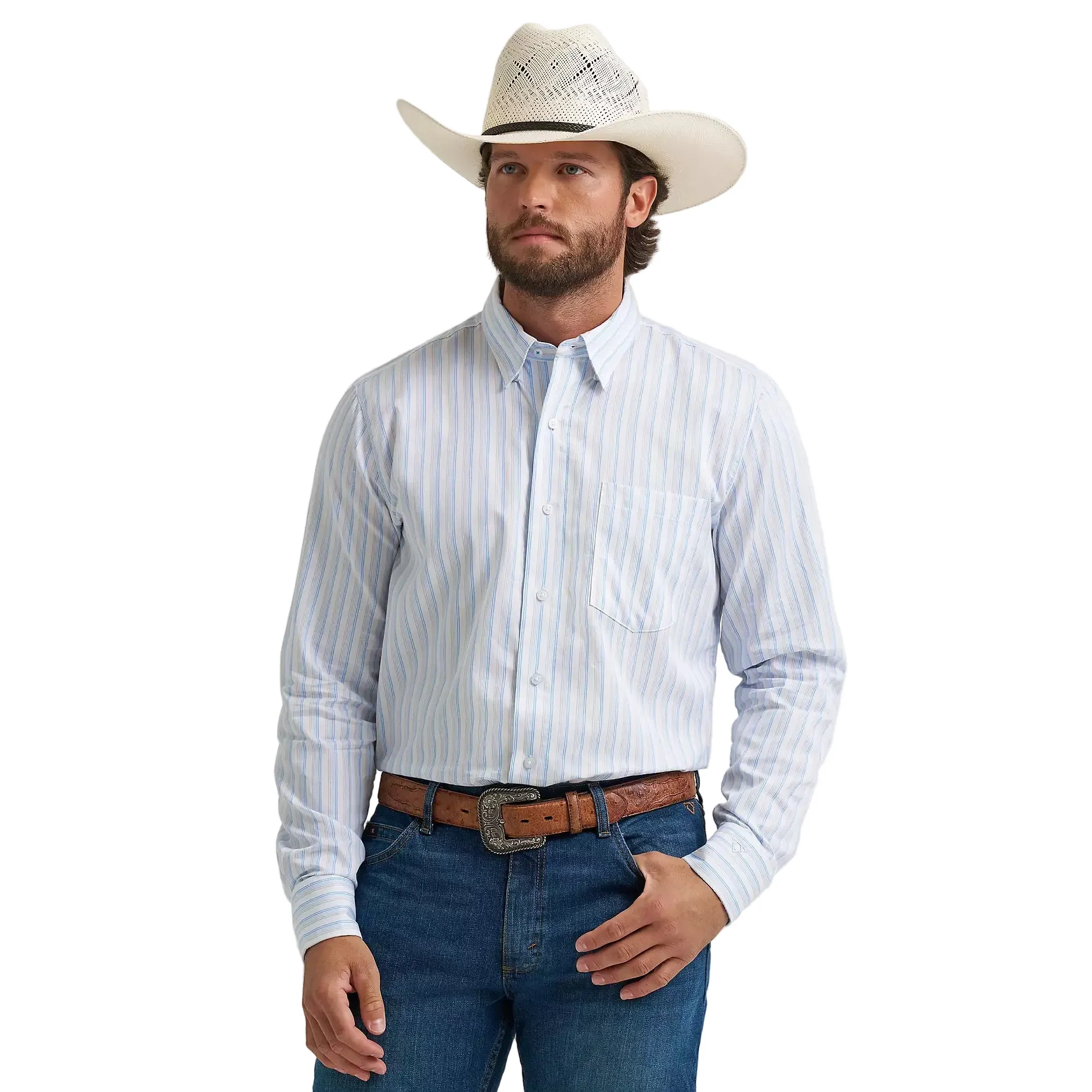 Men's Wrangler Azure Stripes Cody Johnson One Pocket Button Down Shirt 112374488