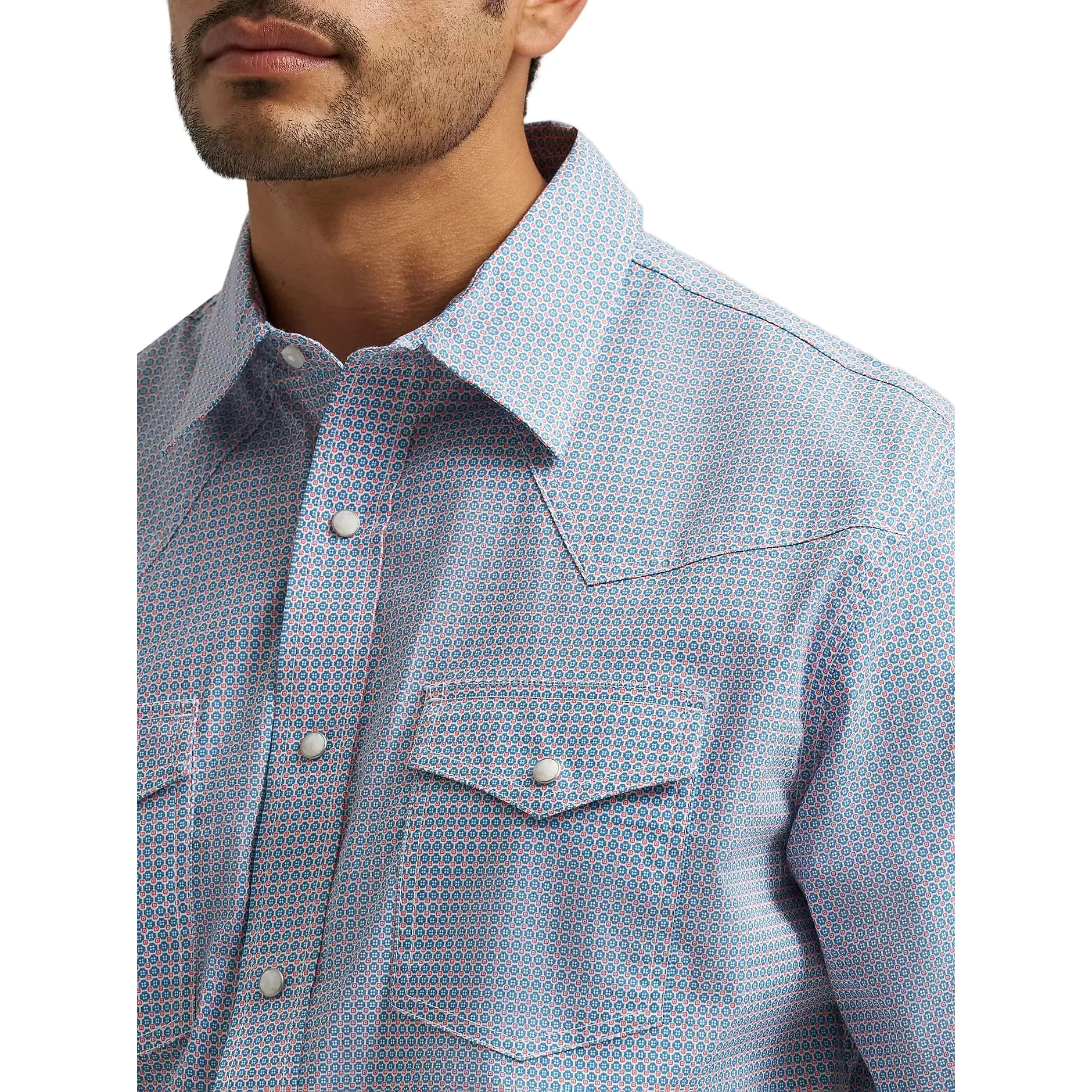 Men's Wrangler Blue Stops 20X Competition Advanced Comfort Short Sleeve Snap Shirt 112374290 - Image 4