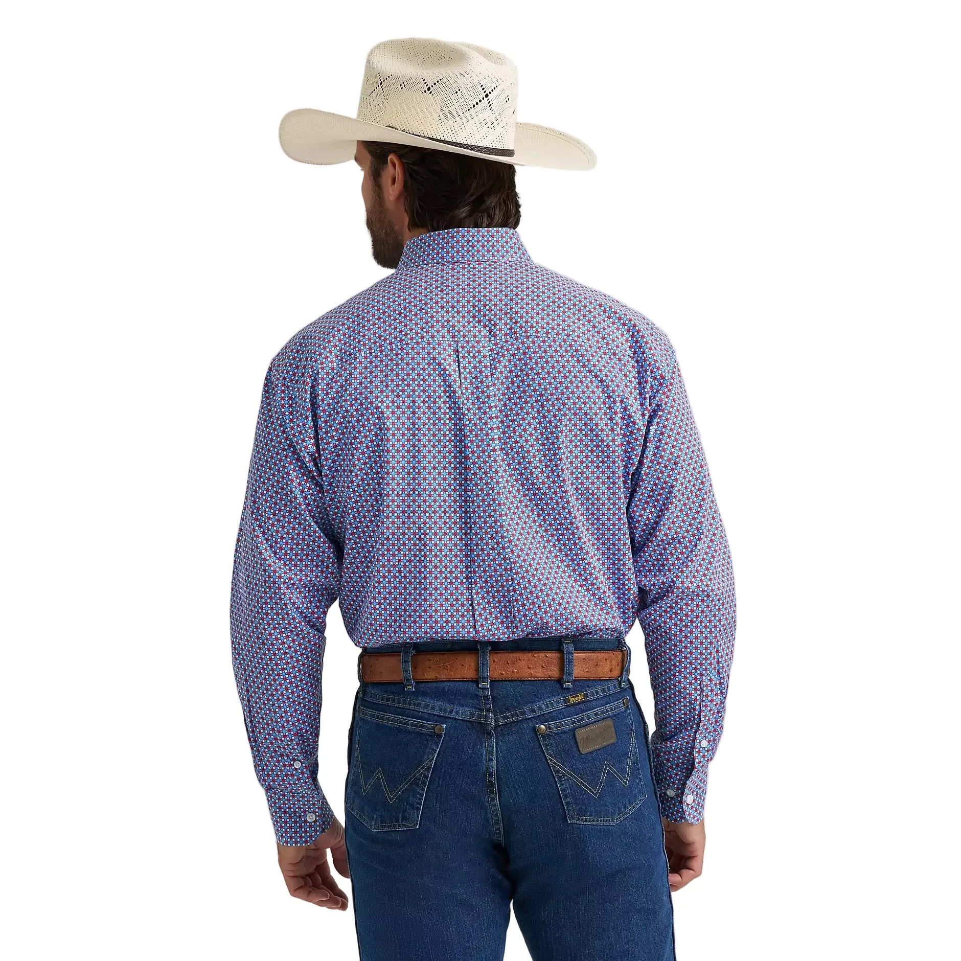 Men's Wrangler George Strait Red Blue Sparks Long Sleeve Button Down Two Pocket Shirt 112379064 - Image 3