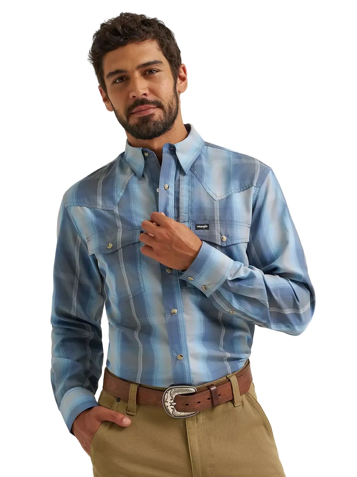 Men's Wrangler Ombre Indigo All Terrain Gear Performance Plaid Shirt 112382399 - Image 2