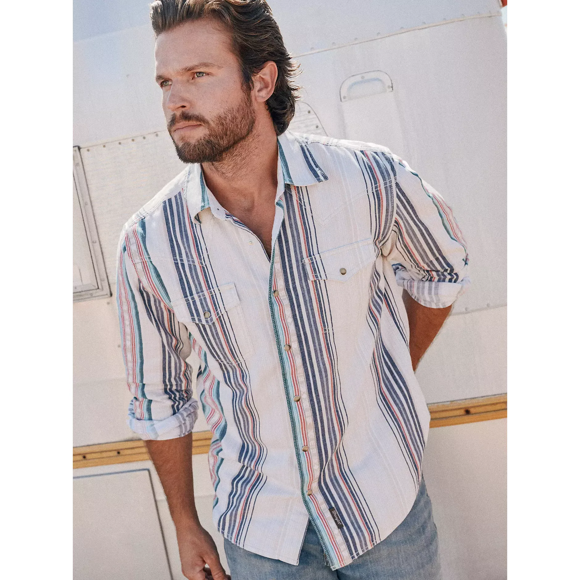 Men's Wrangler Pastel Pop Retro® Premium Stripe Western Snap Shirt 112378795 - Image 7