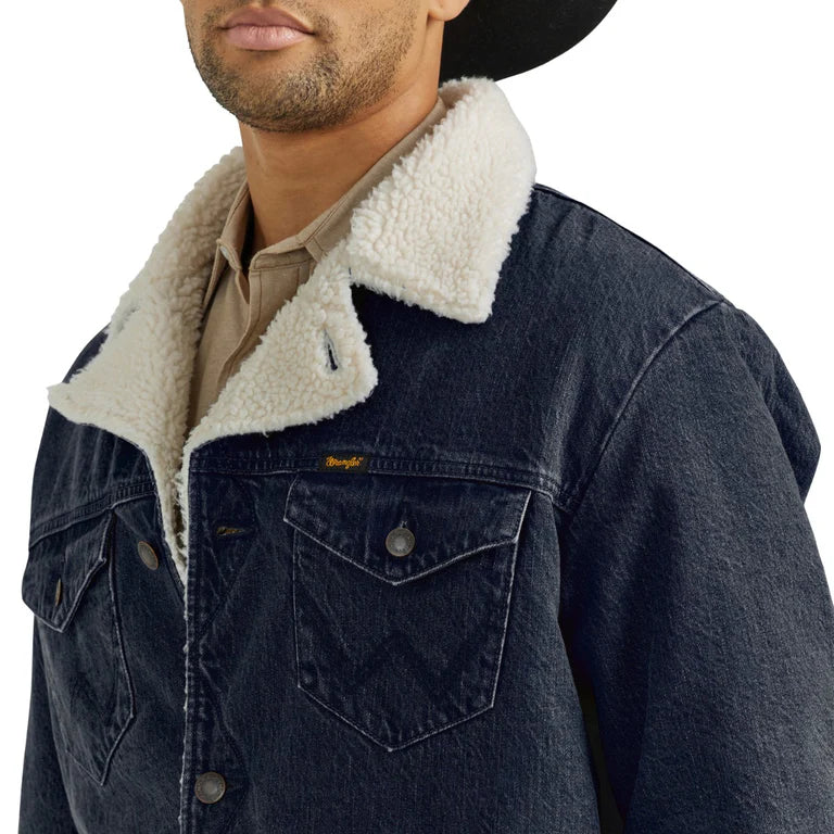 Men's Wrangler Rustic Navy Western Sherpa Lined Denim Wrange Jacket 112353374 - Image 3