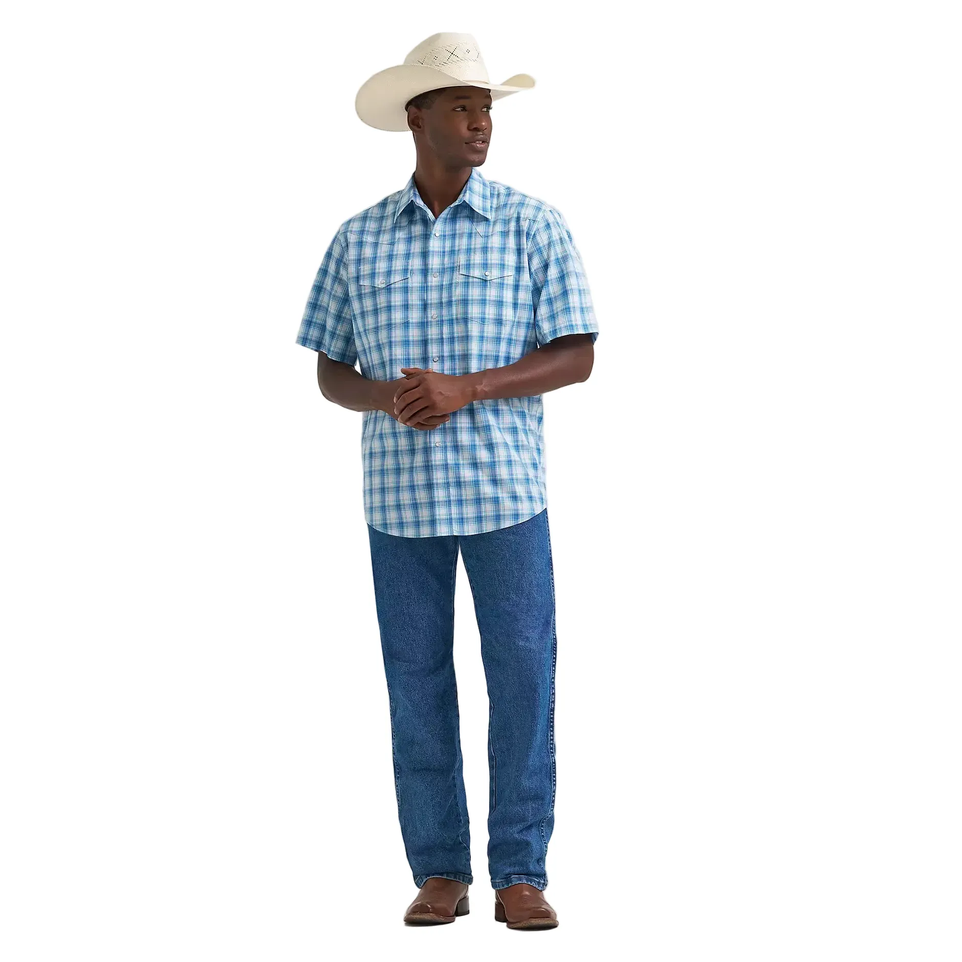 Men's Wrangler Seaside Blue Wrinkle Resist Short Sleeve Western Snap Shirt 112374834 - Image 2