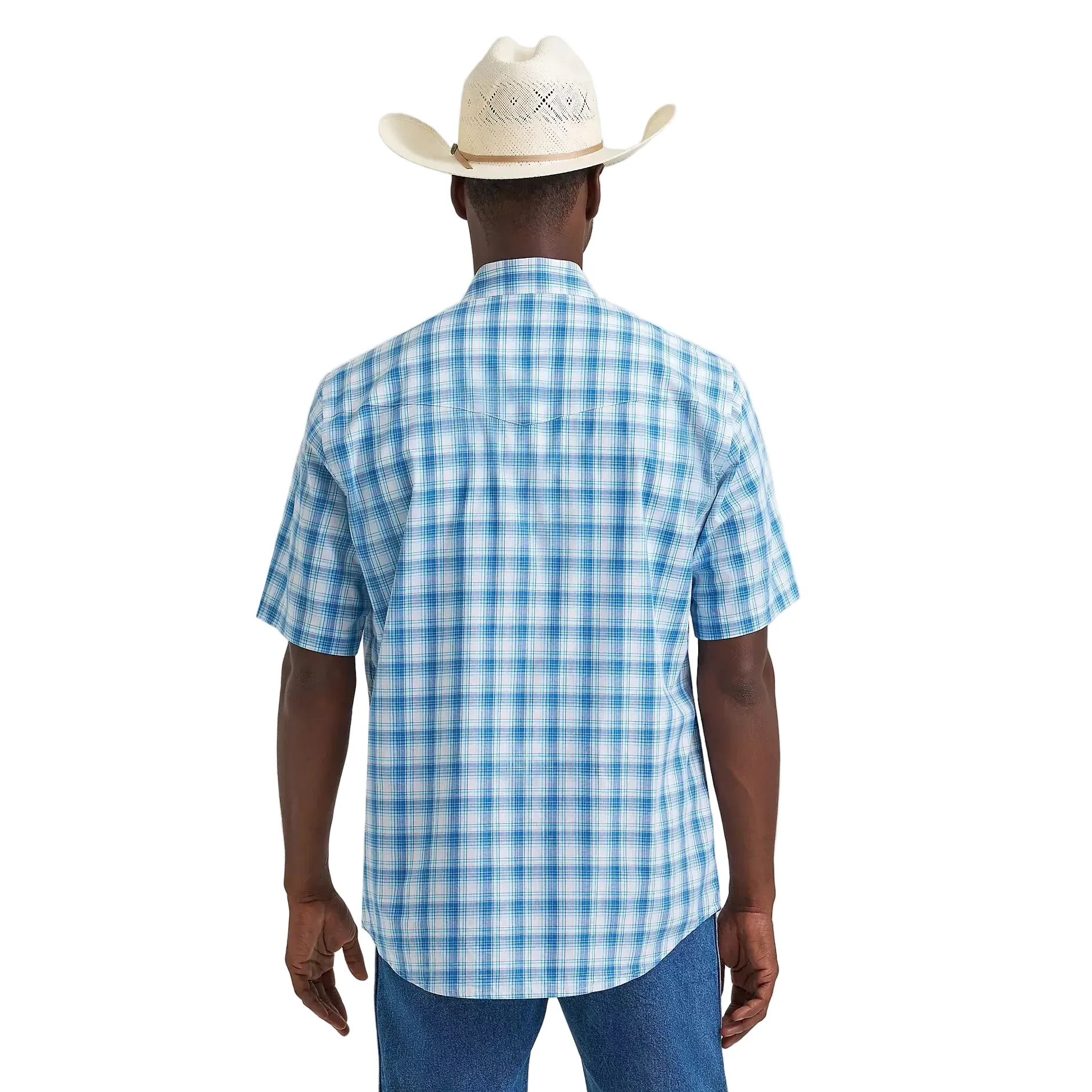 Men's Wrangler Seaside Blue Wrinkle Resist Short Sleeve Western Snap Shirt 112374834 - Image 3