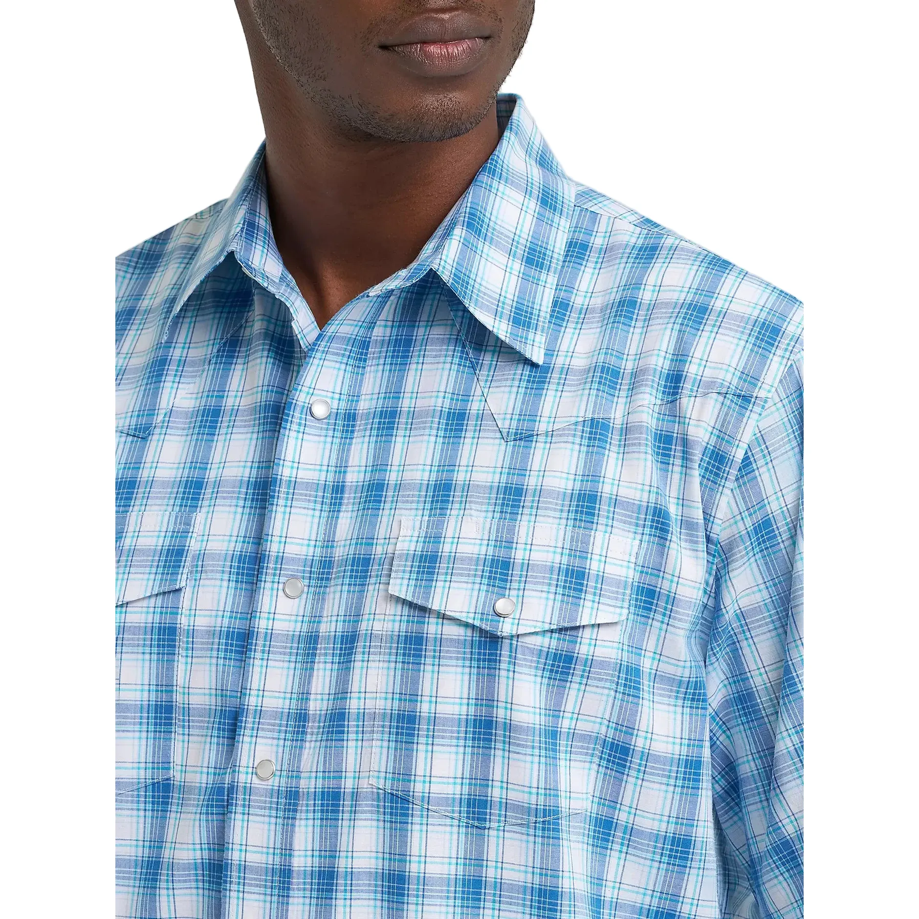 Men's Wrangler Seaside Blue Wrinkle Resist Short Sleeve Western Snap Shirt 112374834 - Image 4