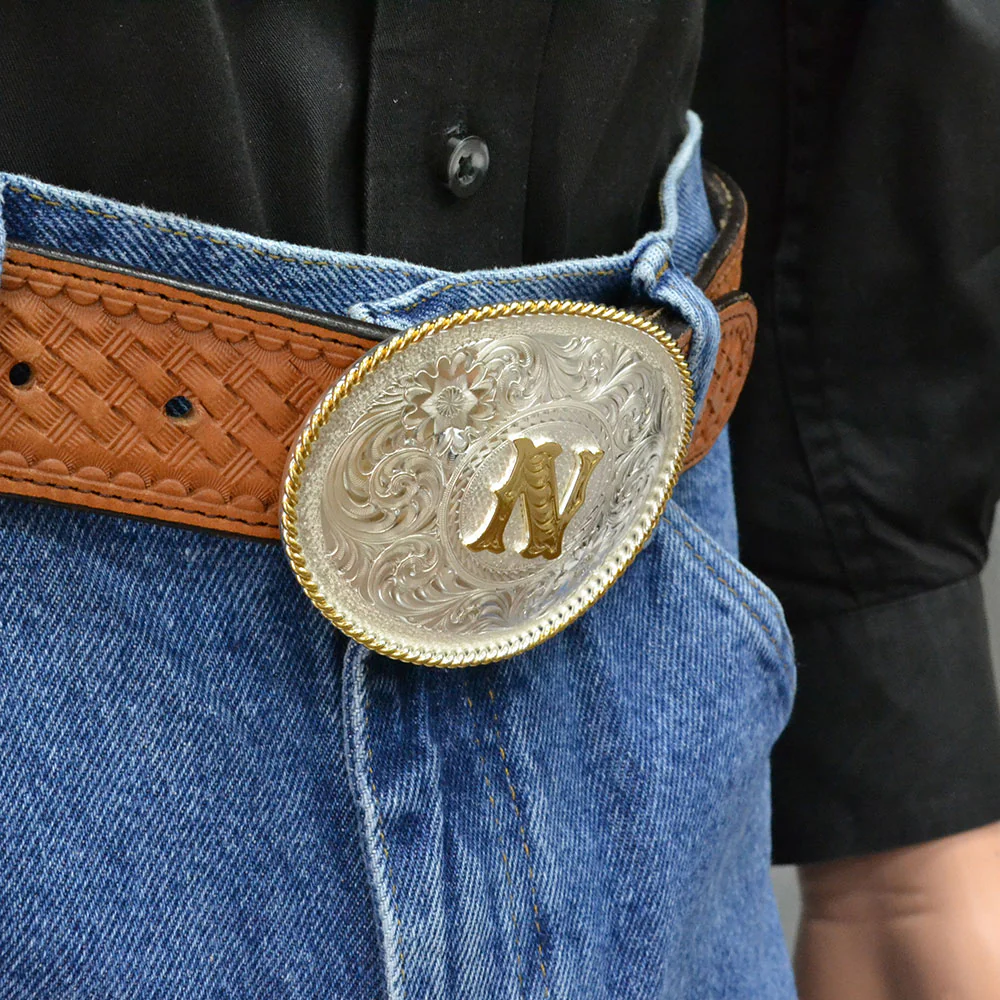 Montana Silversmith Initial N Silver Engraved Gold Trim Western Belt Buckle 700N - Image 3