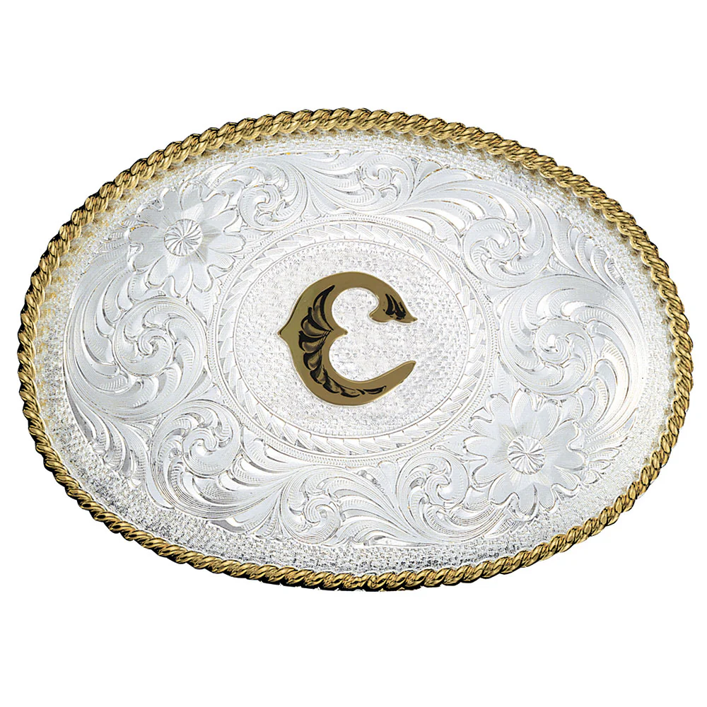 Montana Silversmiths Initial C Silver Engraved Gold Trim Western Belt Buckle 700C