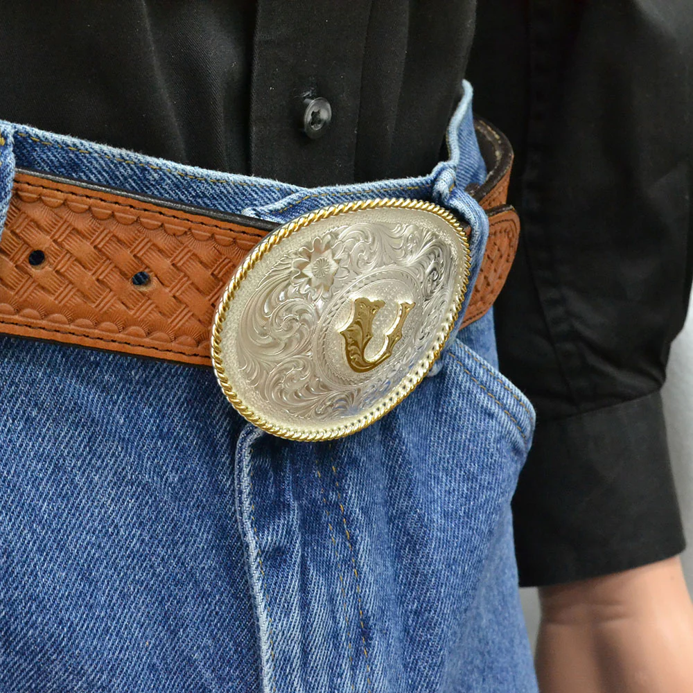 Montana Silversmiths Initial U Silver Engraved Gold Trim Western Buckle 700U - Image 3