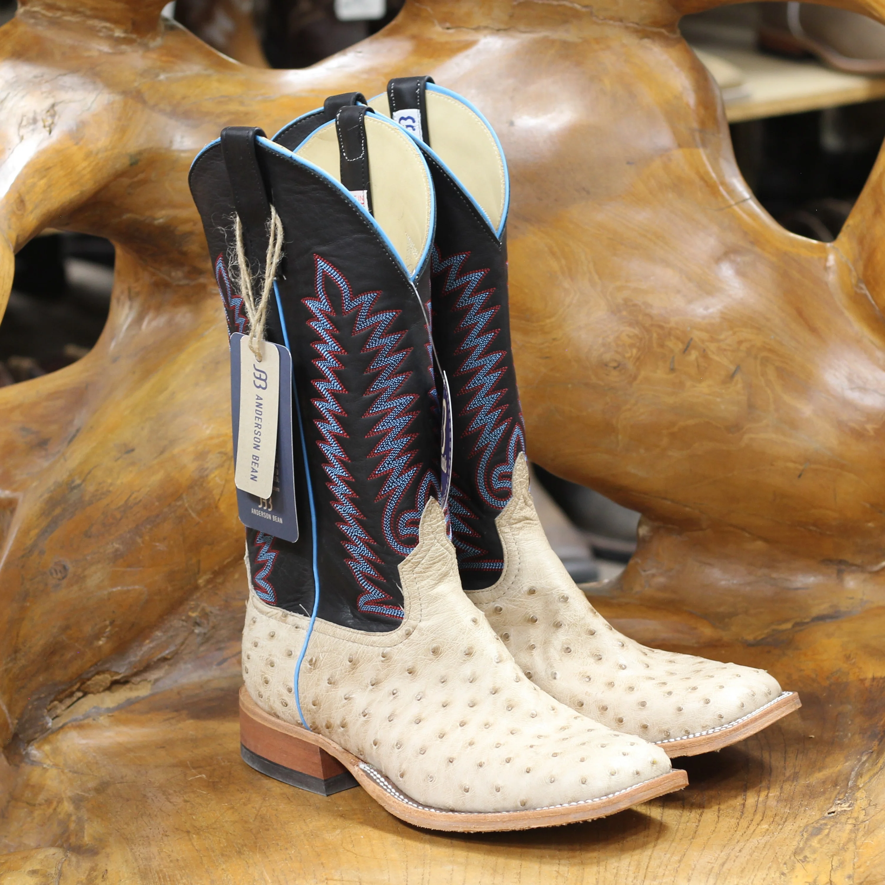 Anderson Bean Tan Vintage Full Quill Ostrich Square Toe Boots - Image 3