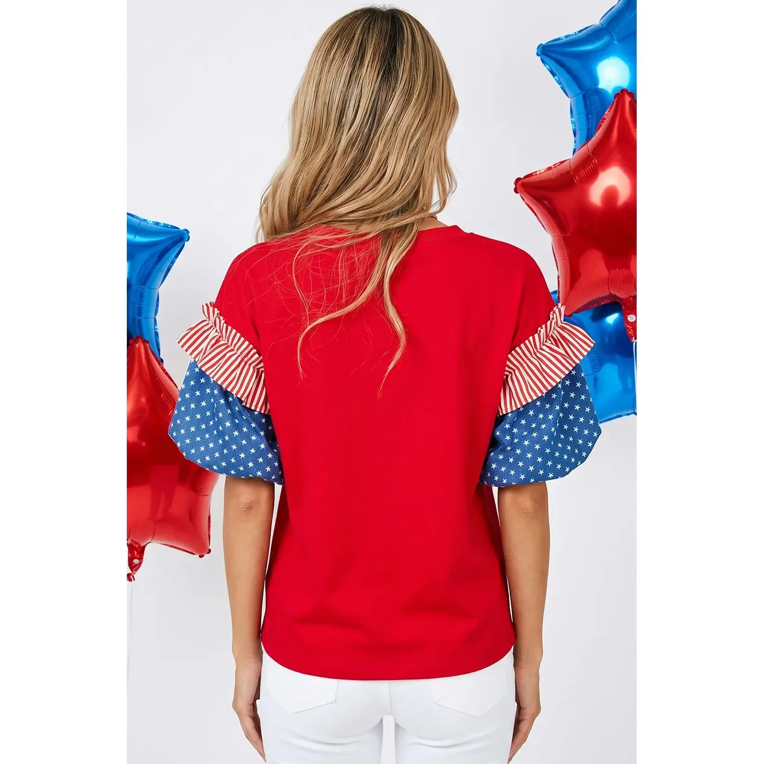 Women's 4TH of July Stars & Stripes Short Puff Sleeve Top - Image 2