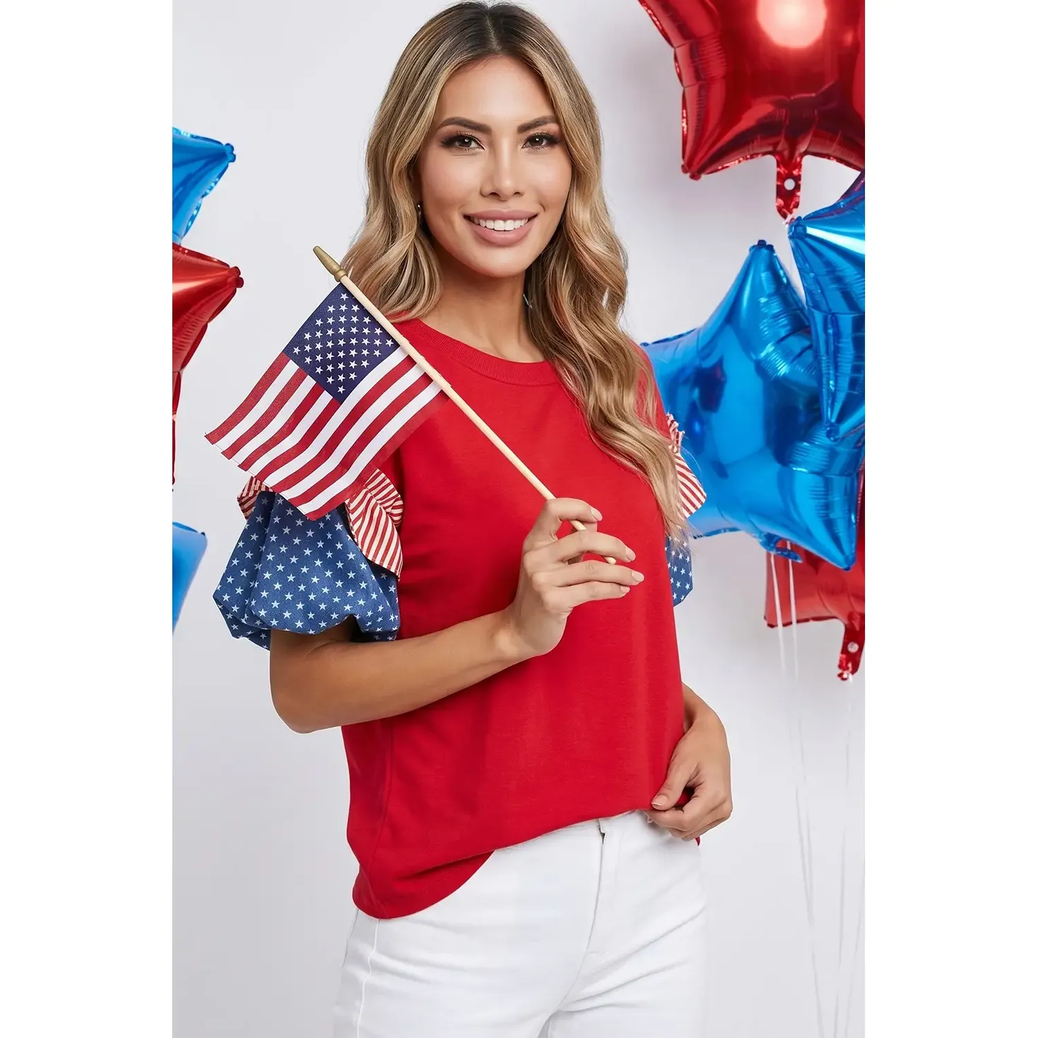 Women's 4TH of July Stars & Stripes Short Puff Sleeve Top - Image 3