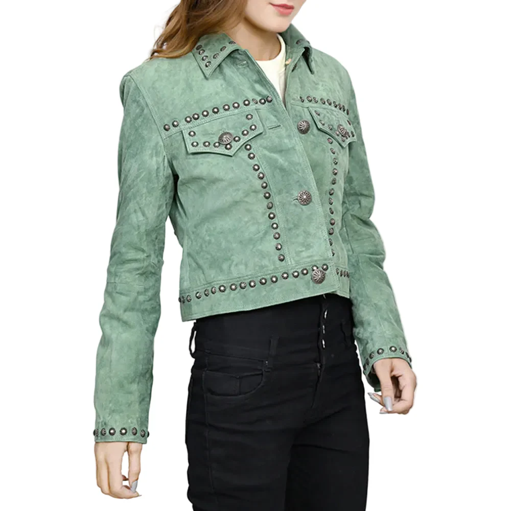 Women's American Darling Genuine Leather Olive Concho Jacket ADJKT041 - Image 3