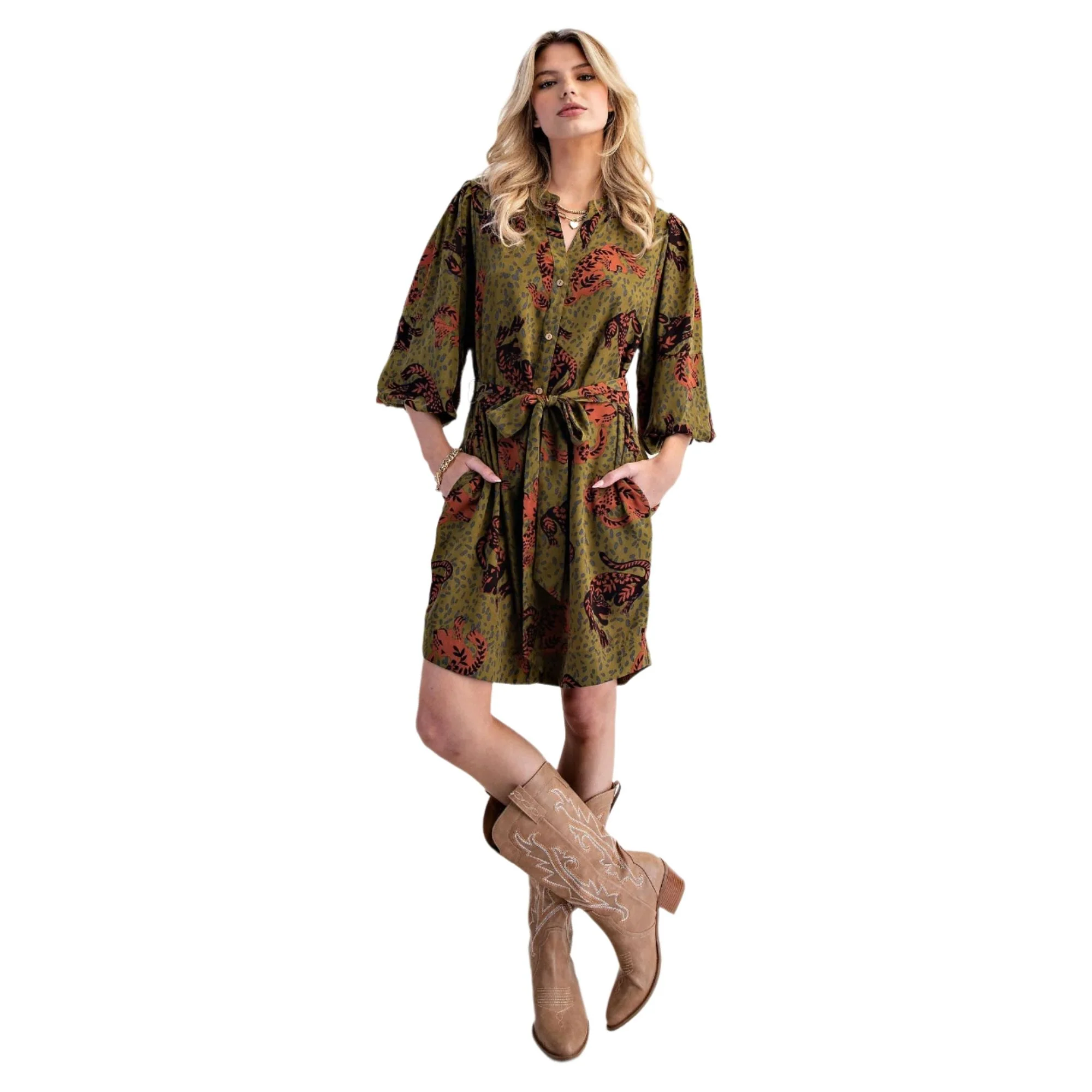 Women's Animal Printed Wool Peach Shirt Dress - Image 2