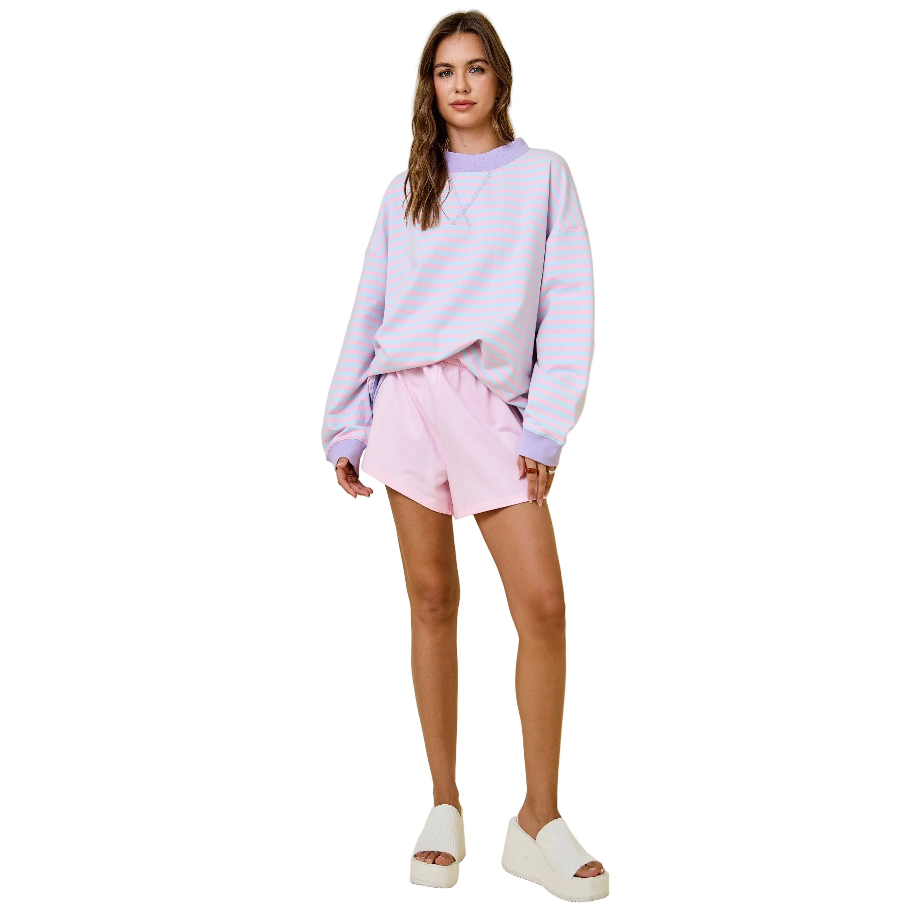 Women's Baby Pink Relaxed Knit Sweat Shorts With Elastic Waistband