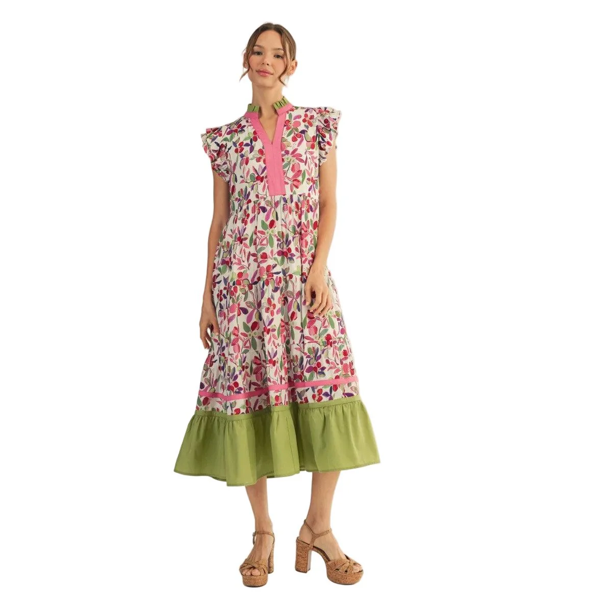 Women's Jodifl Berry Mix  Ruffled Cap Sleeves Tiered Floral Midi Dress - Image 2