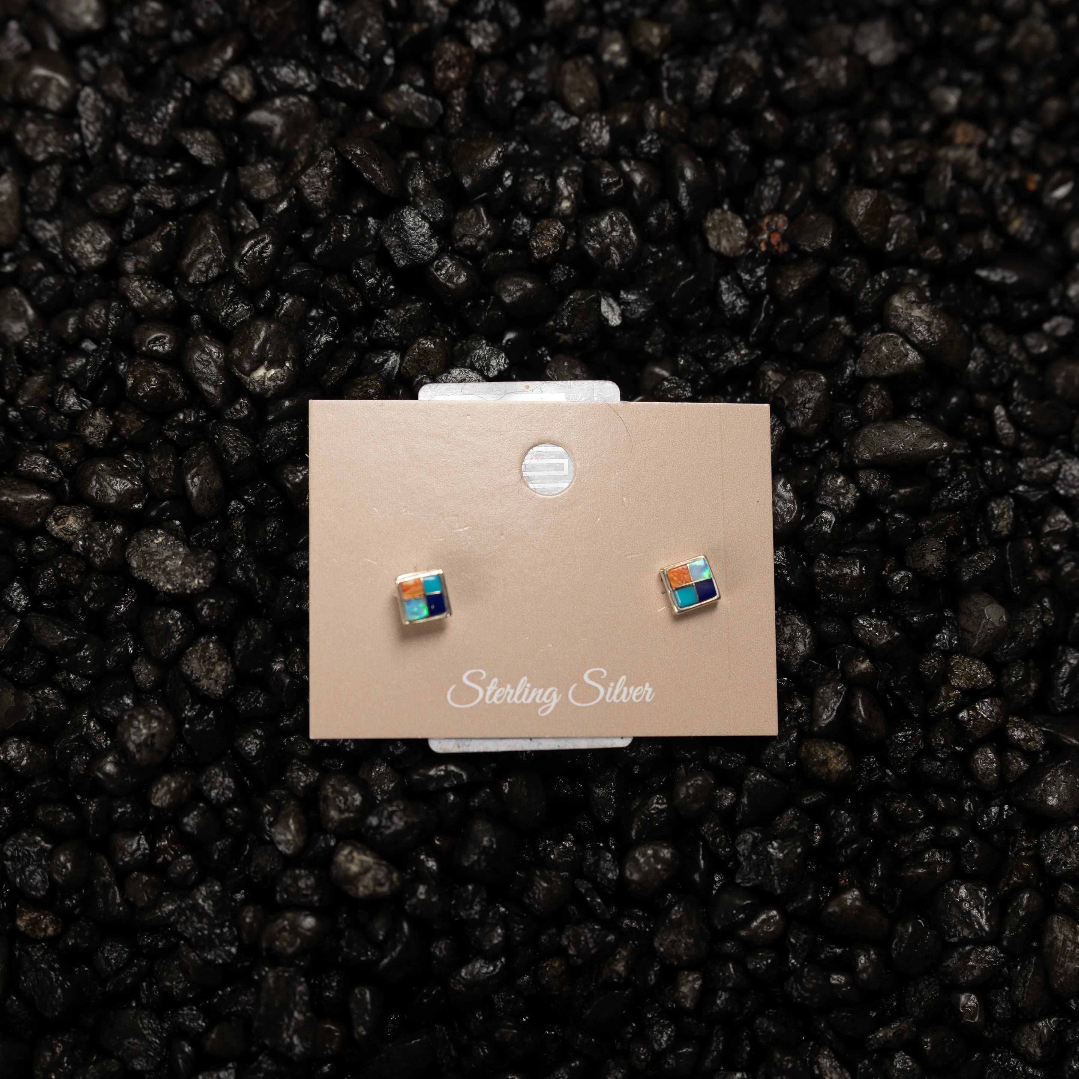 Women's Bilagaana Handmade Mini Square Multicolored Stone Stud - Image 2