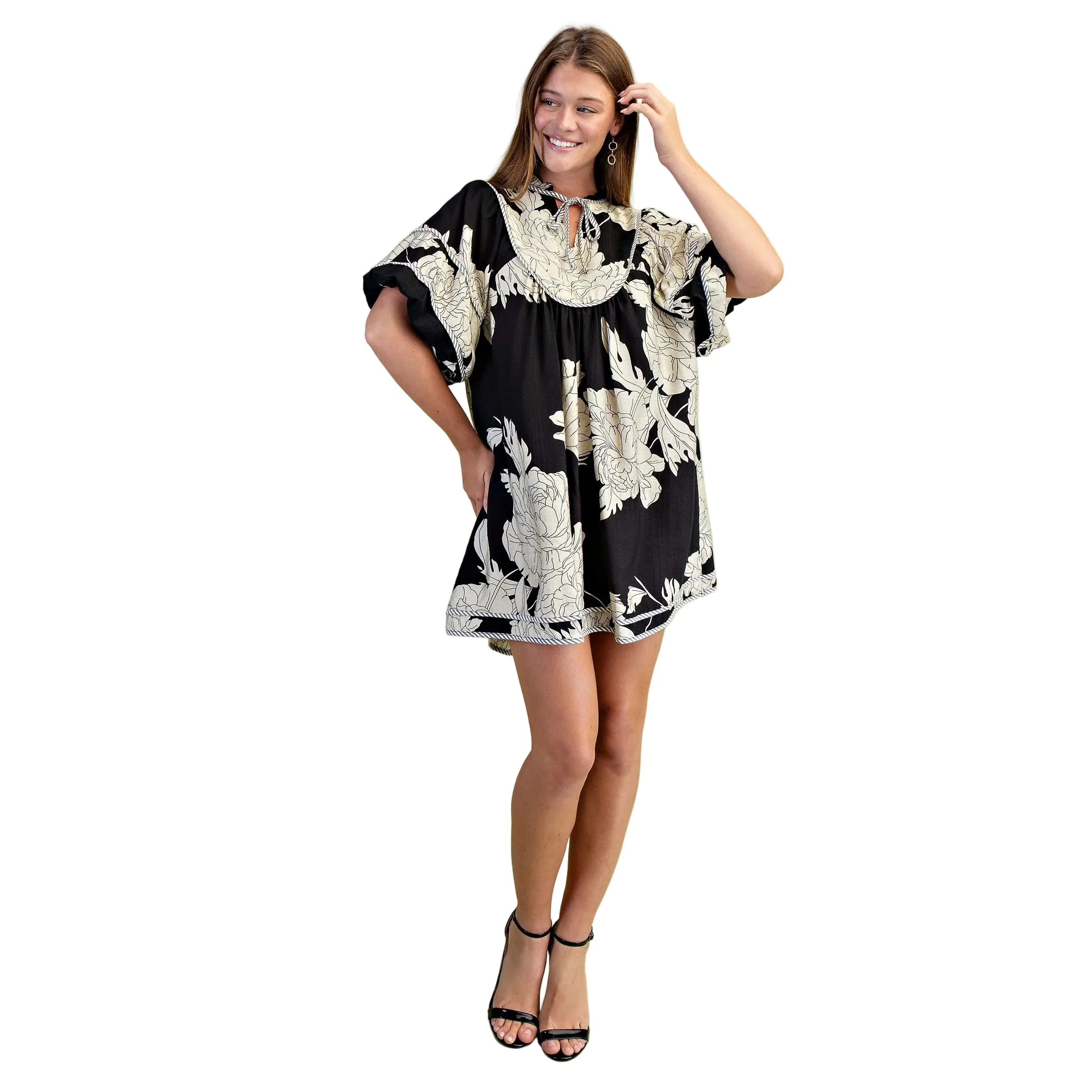 Women's Gigio Black and White Floral Print Babydoll Dress - Image 4