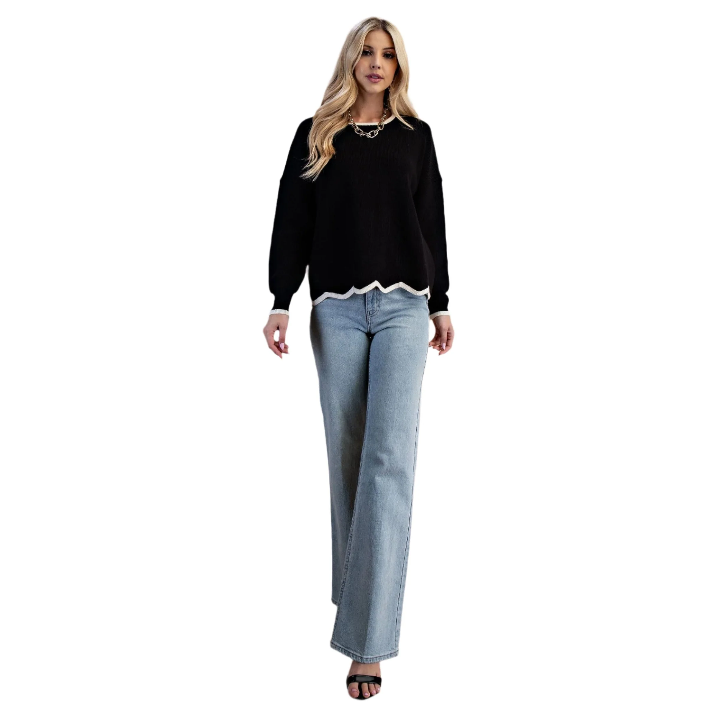 Women's Black and White Knit Sweater - Image 2