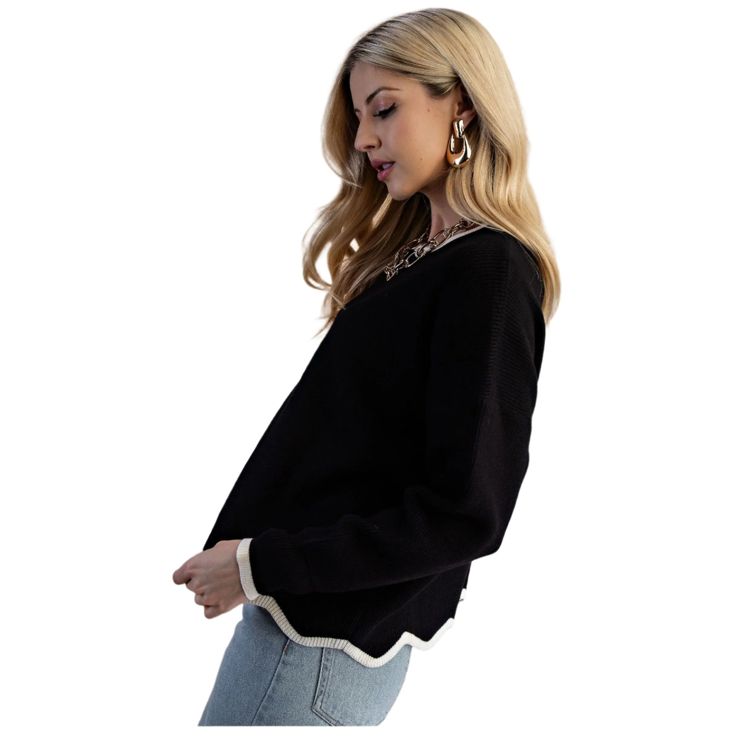 Women's Black and White Knit Sweater - Image 3