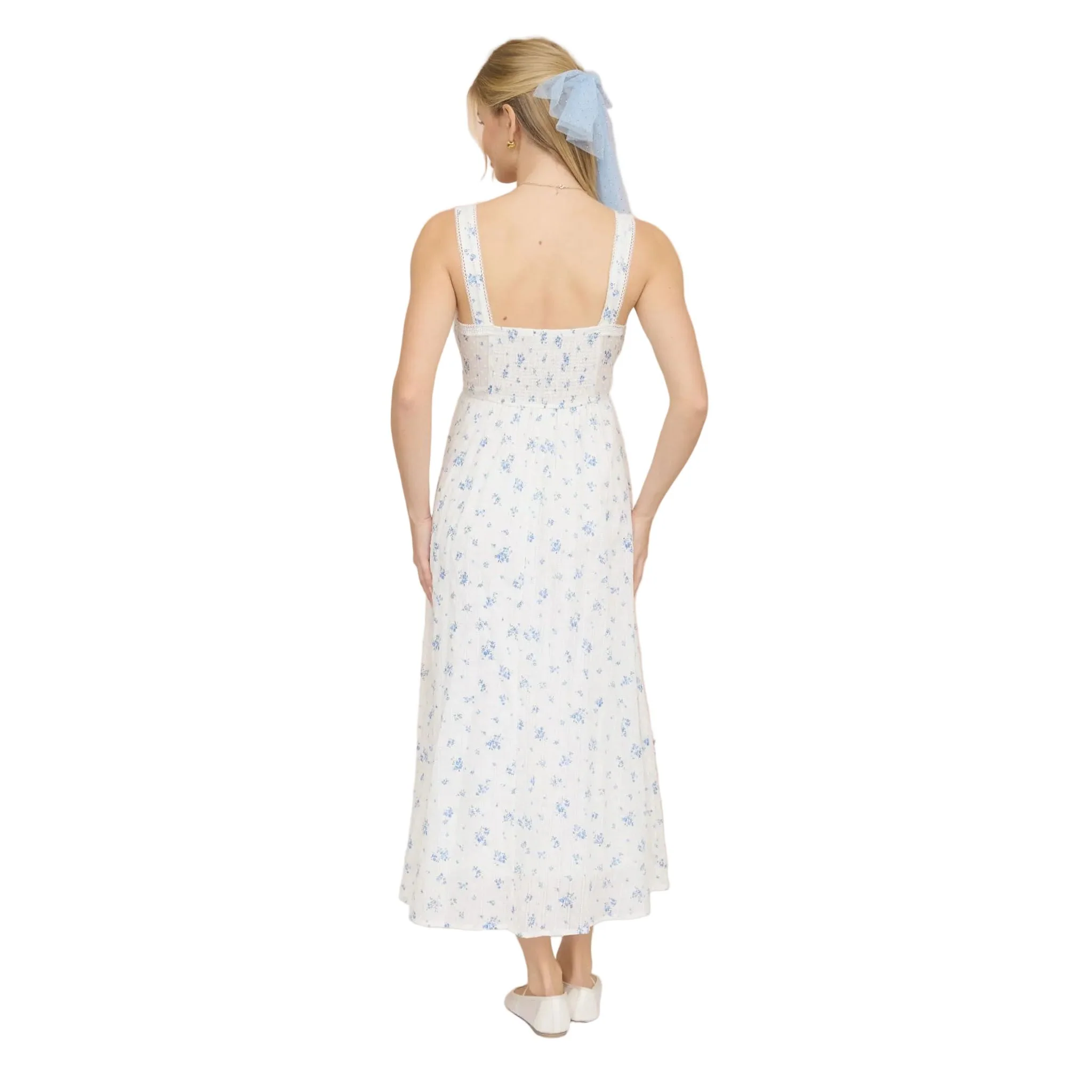 Women's Blu Pepper Blue and White Floral Stripe Clip Dot Sleeveless Maxi Dress - Image 2