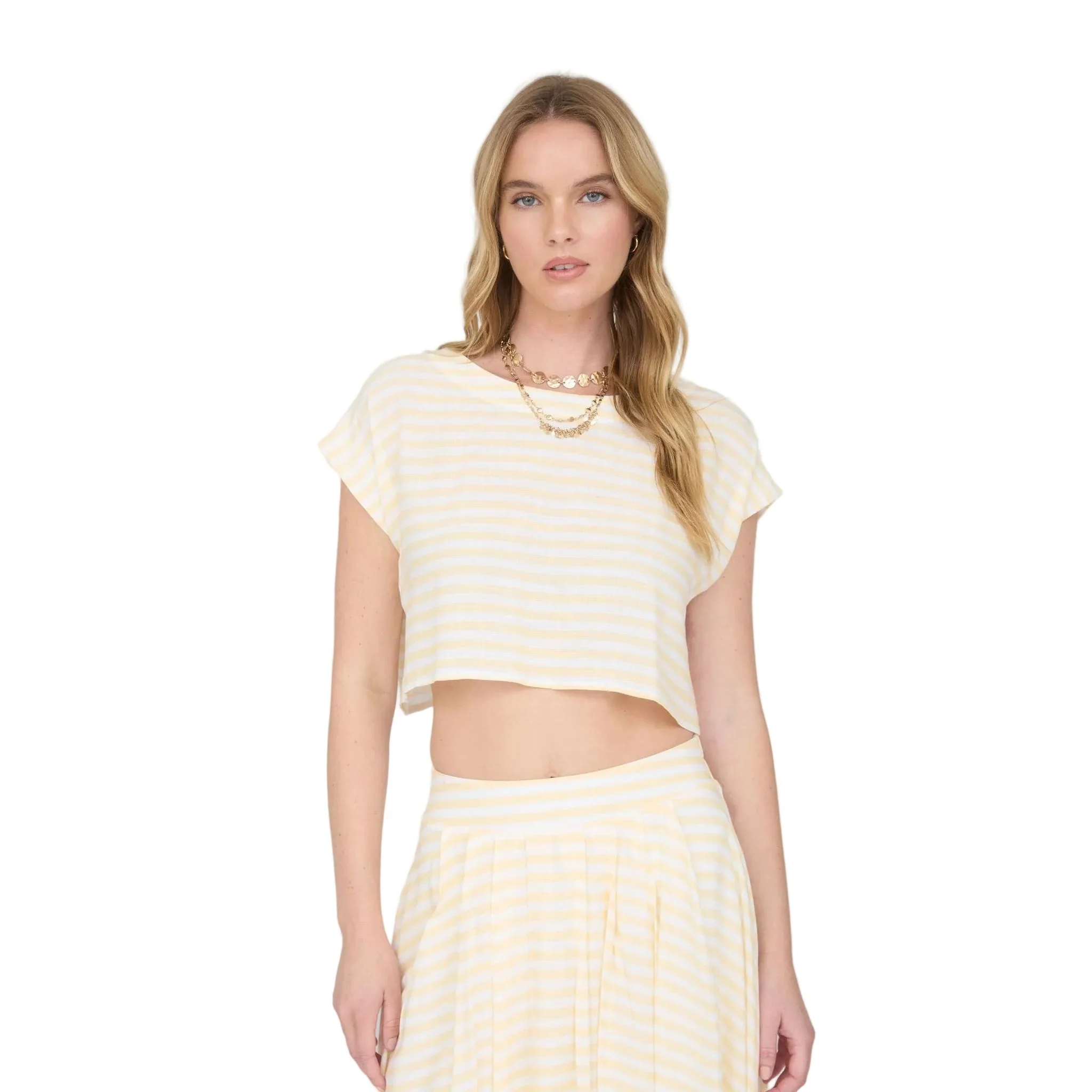 Women's Blu Pepper Butter Yellow Stripe Boat Neck Boxy Crop Top