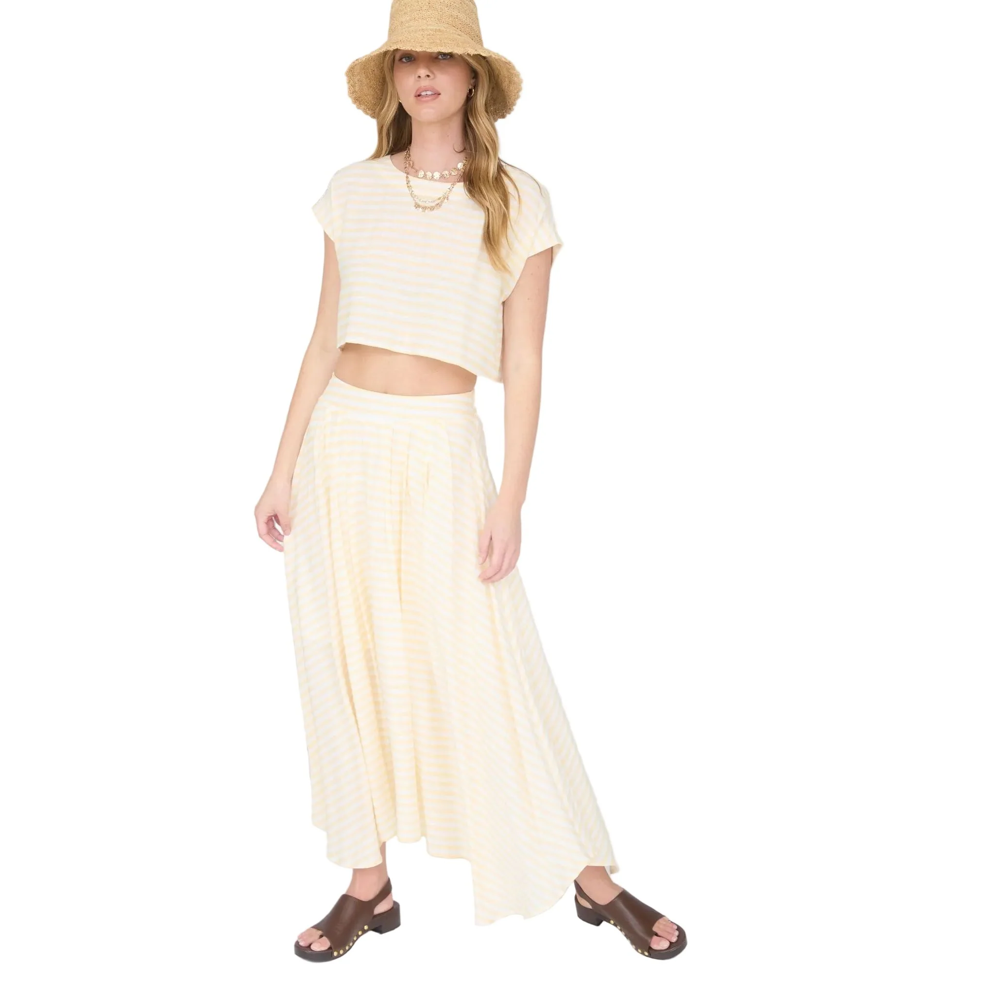 Women's Blu Pepper Butter Yellow Stripe High Waist Pleated Midi Skirt - Image 4