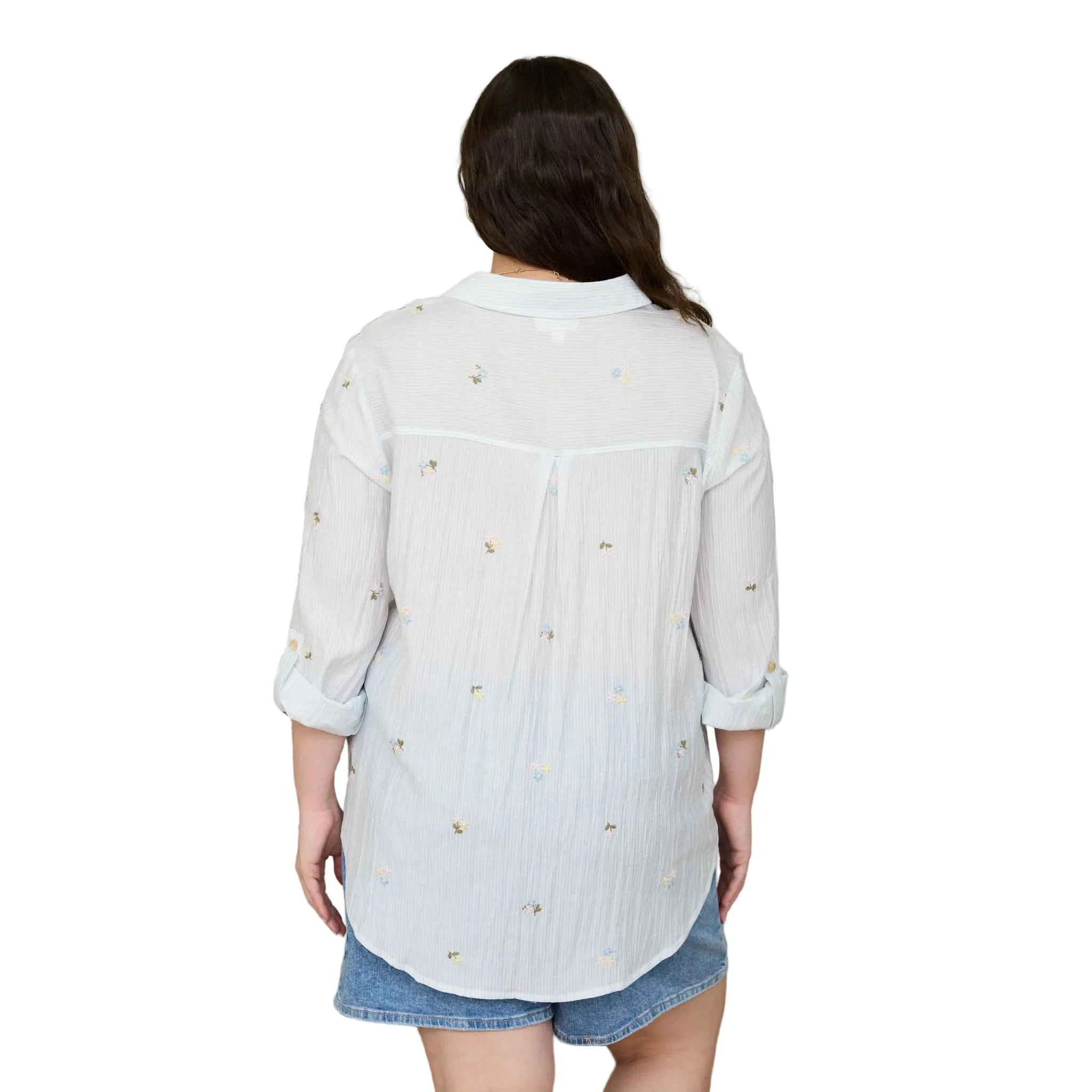 Women's Blu Pepper Light Blue Stripe Floral Embroidery Long Sleeve Top - Image 2
