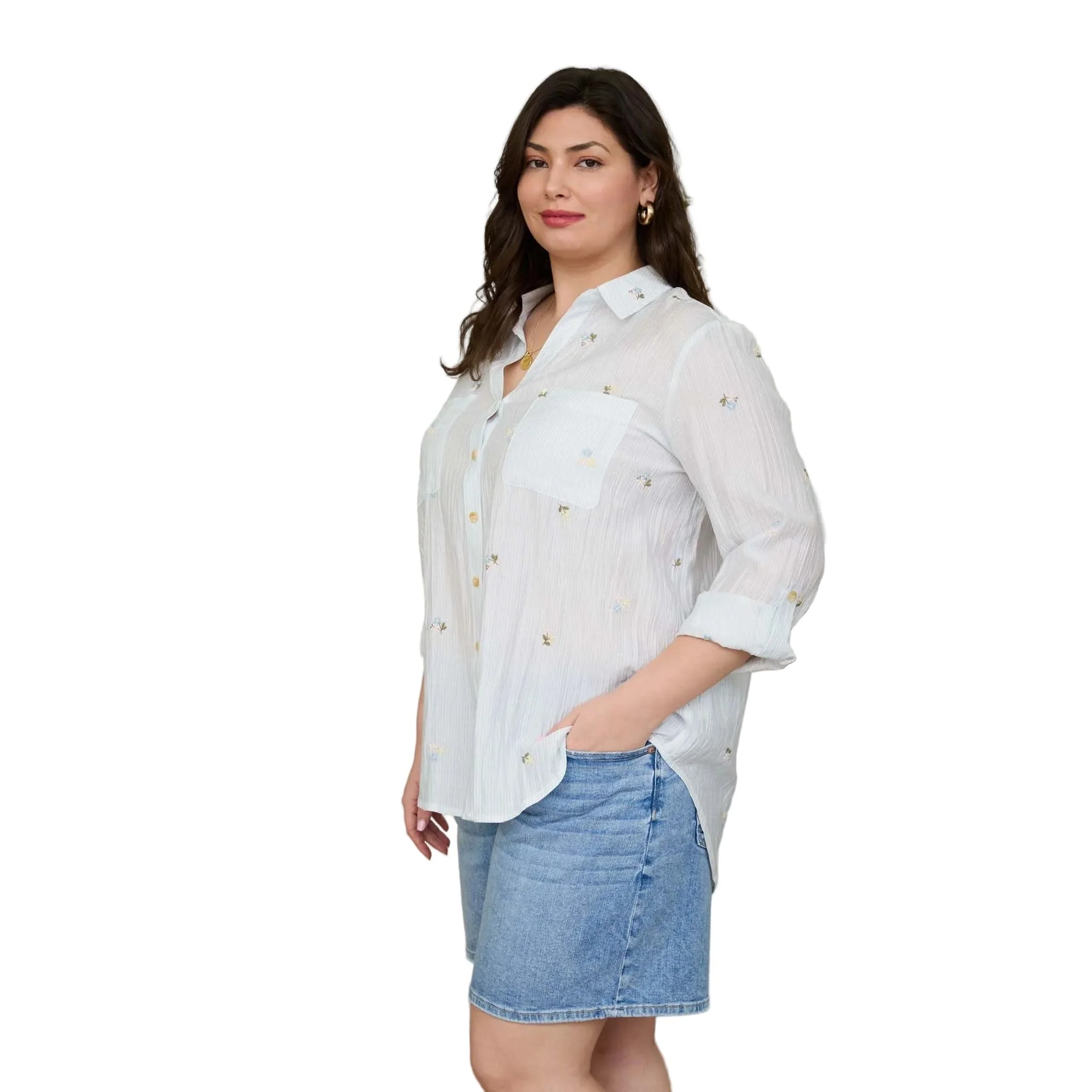 Women's Blu Pepper Light Blue Stripe Floral Embroidery Long Sleeve Top - Image 3