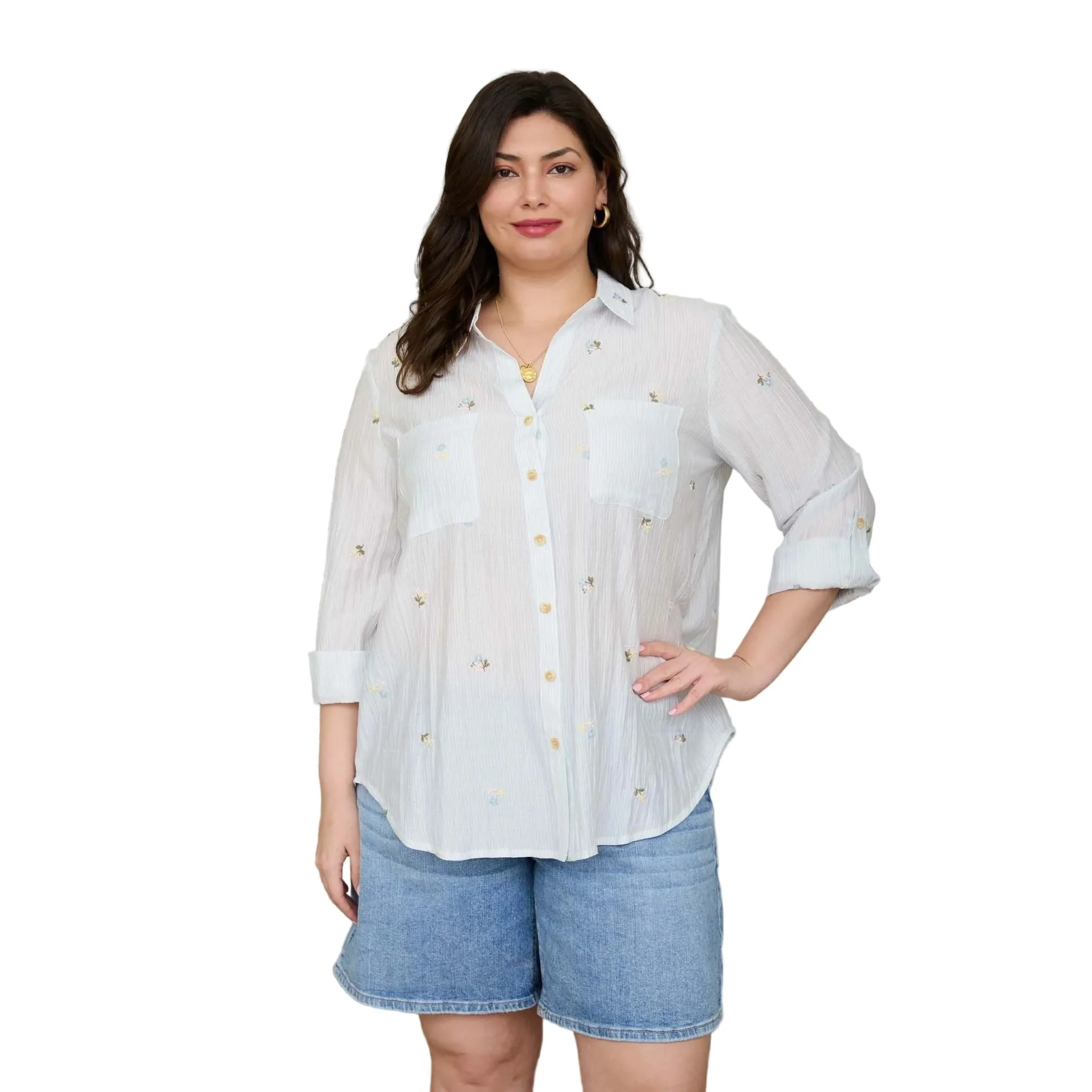 Women's Blu Pepper Light Blue Stripe Floral Embroidery Long Sleeve Top - Image 4