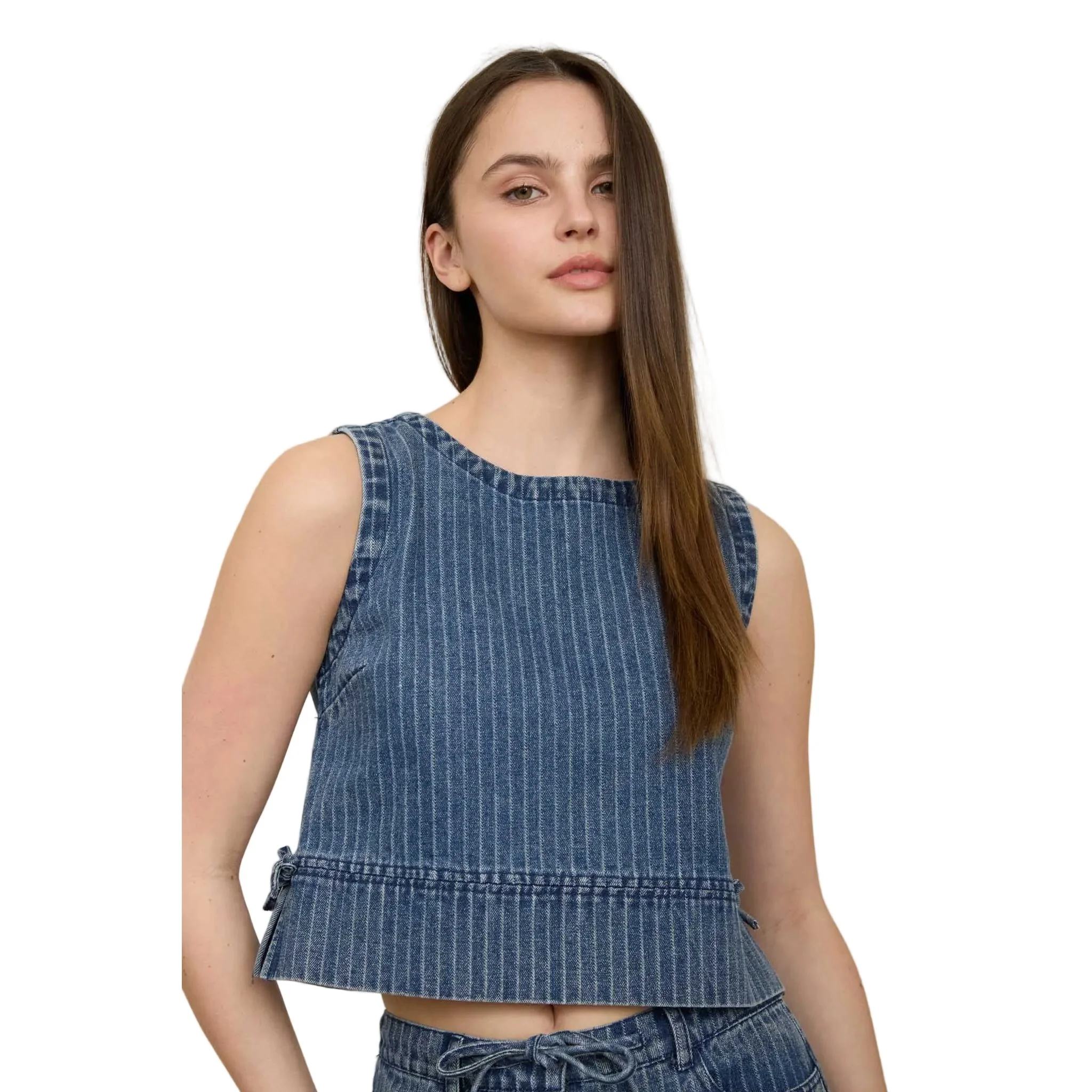 Women's Blu Pepper Striped Washed Denim Sleeveless Side Tie Crop Top